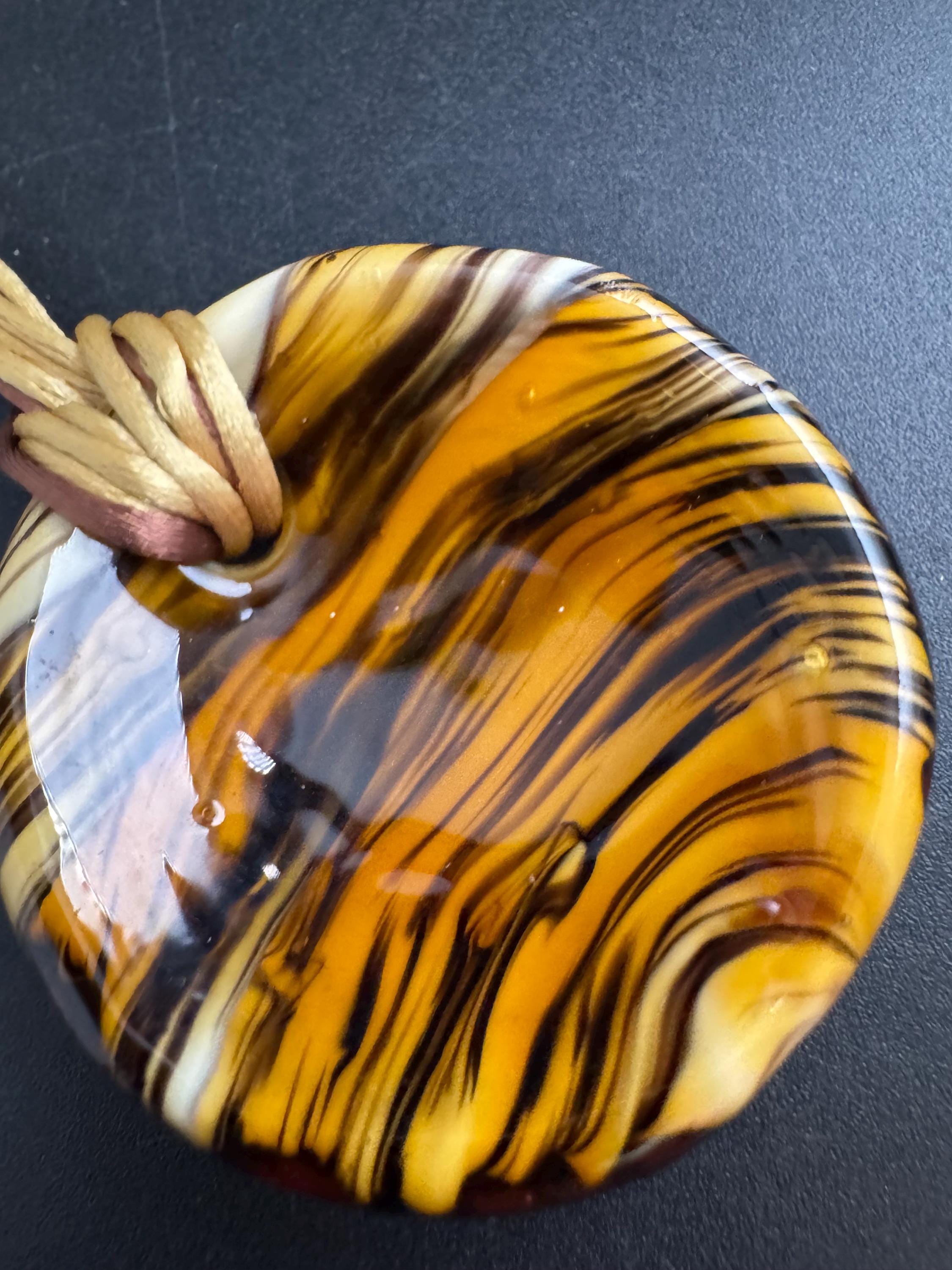 Murano glass brown disc pendant, Vintage signed gold black