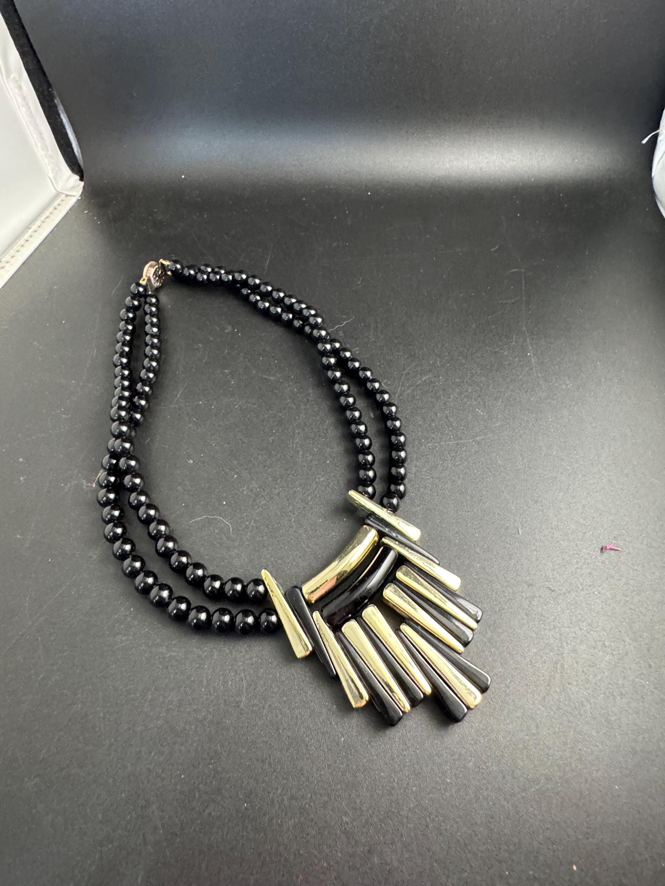 Black and gold beaded statement necklace, acrylic deco style pendant 1970s