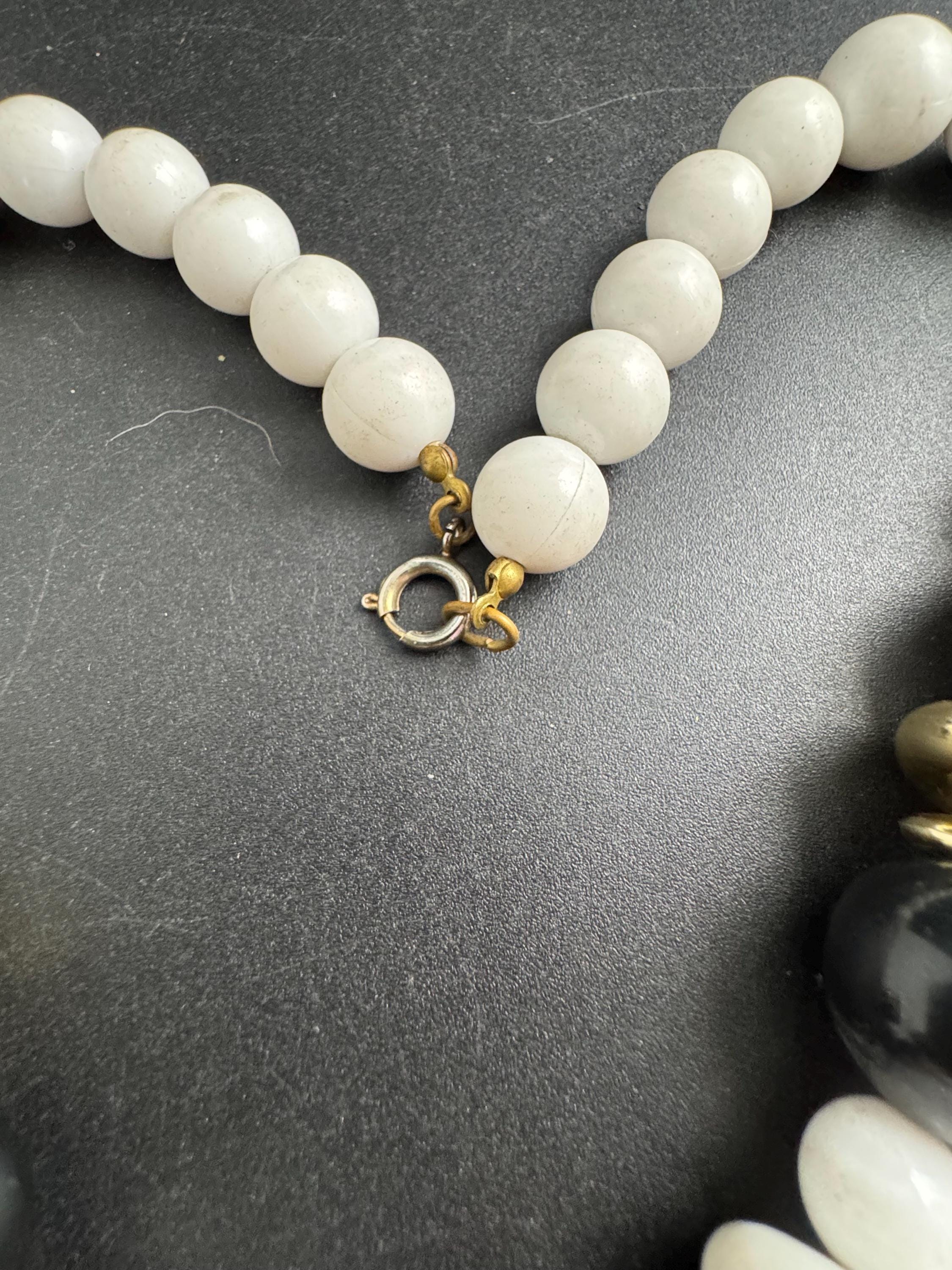 Italian style beaded statement necklace, acrylic white black tan and gold beads