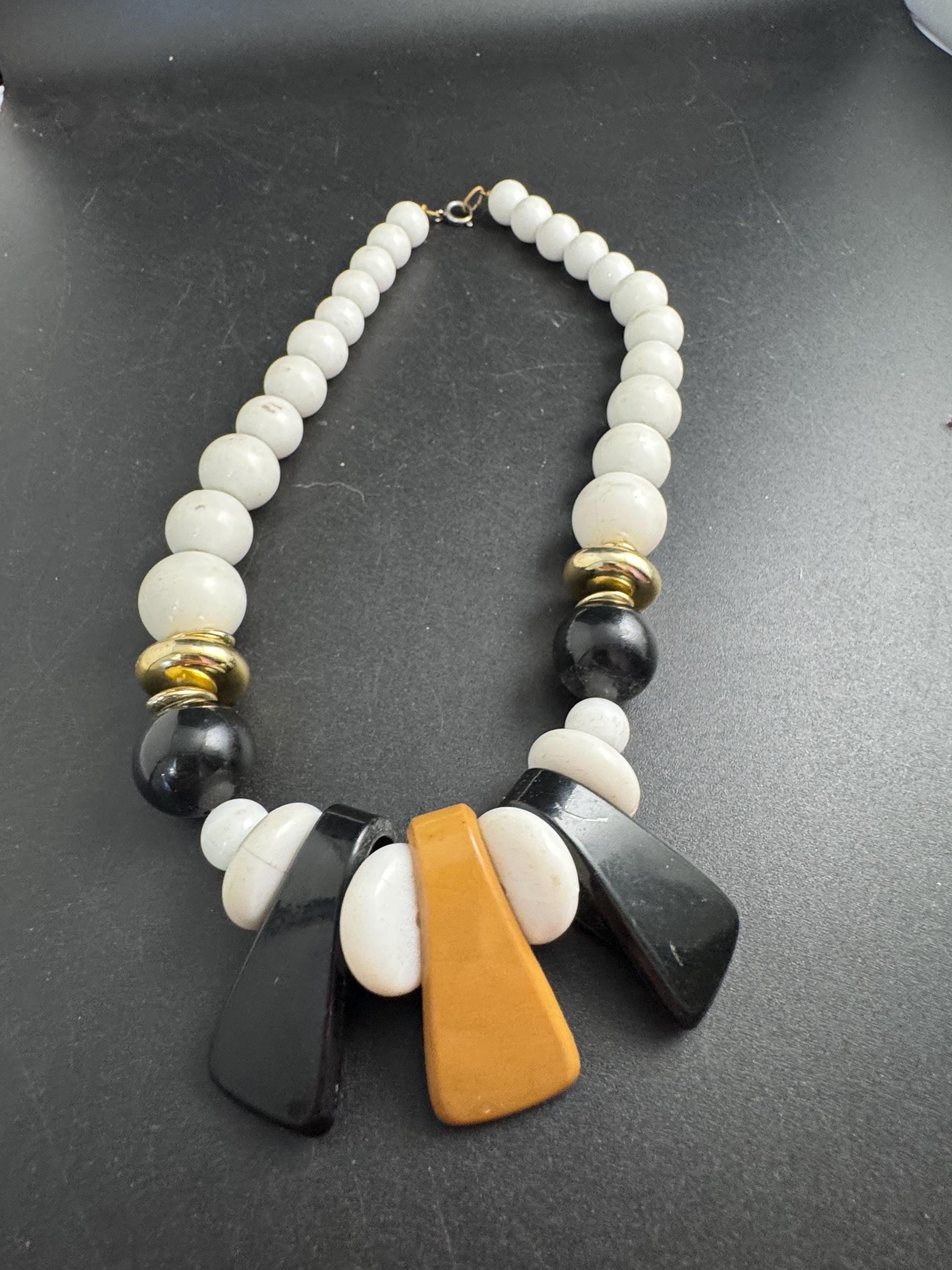 Italian style beaded statement necklace, acrylic white black tan and gold beads
