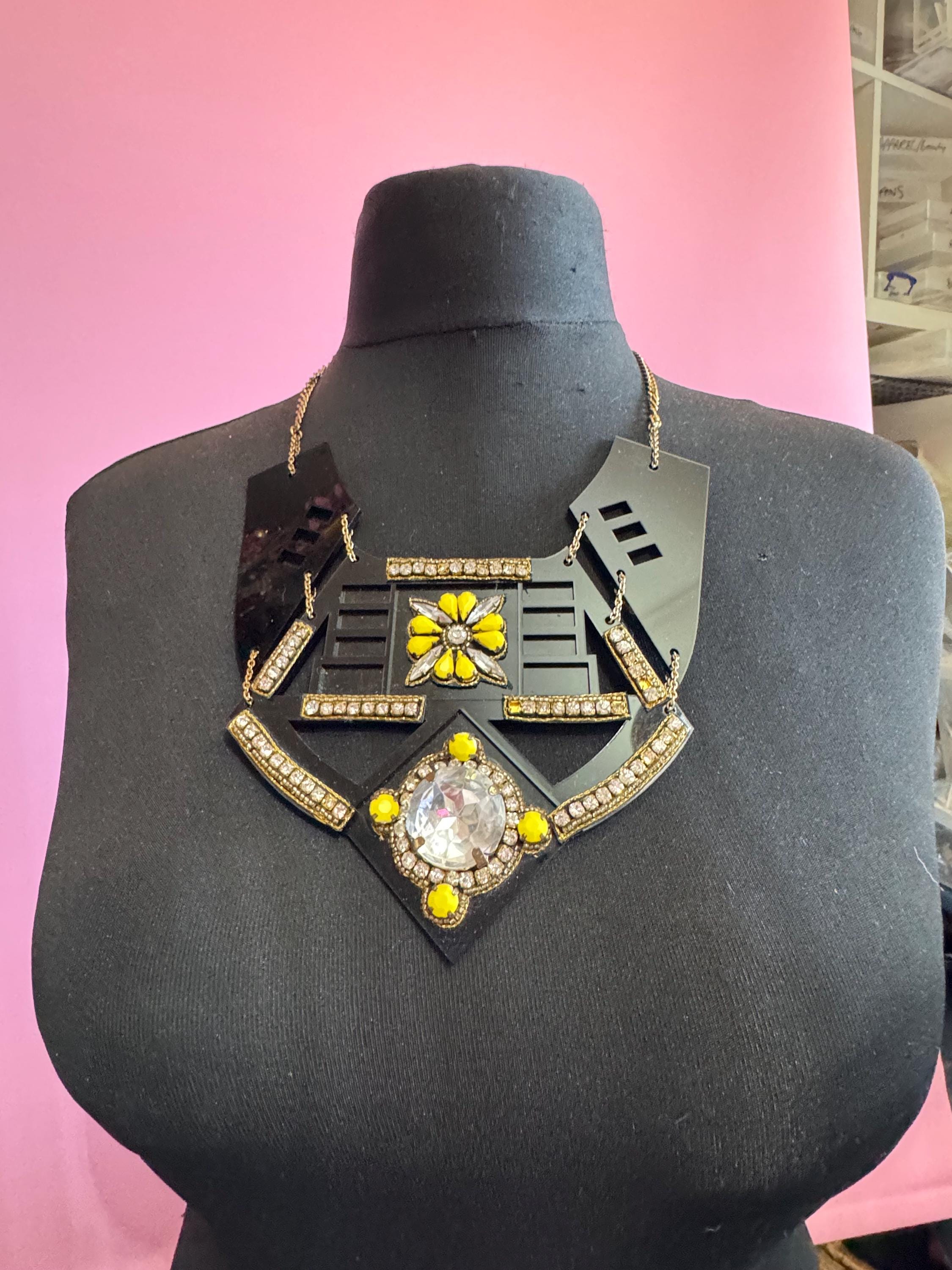 Black and yellow oversized statement necklace, acrylic and rhinestones