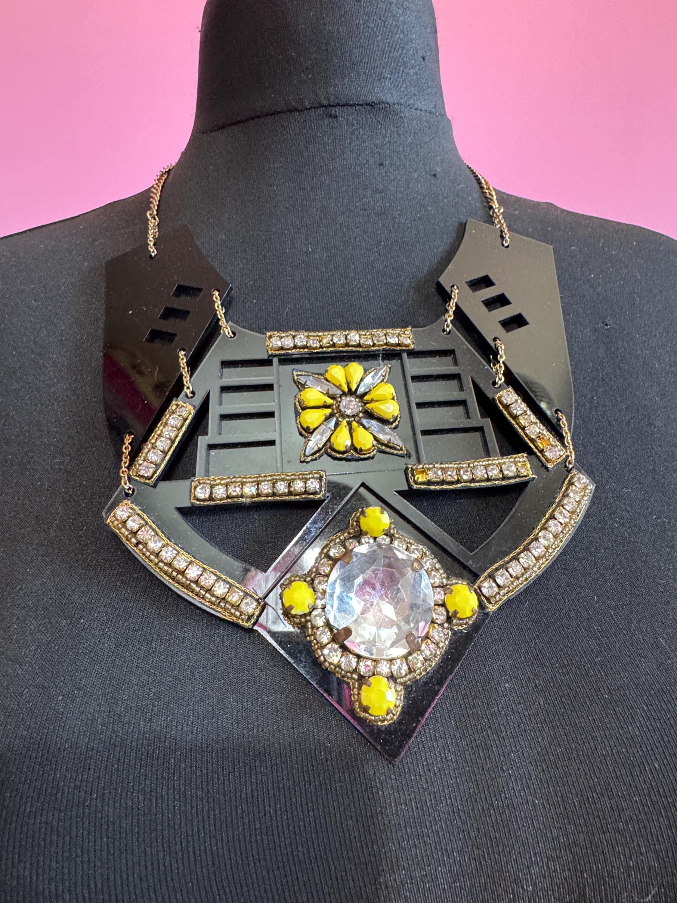 Black and yellow oversized statement necklace, acrylic and rhinestones