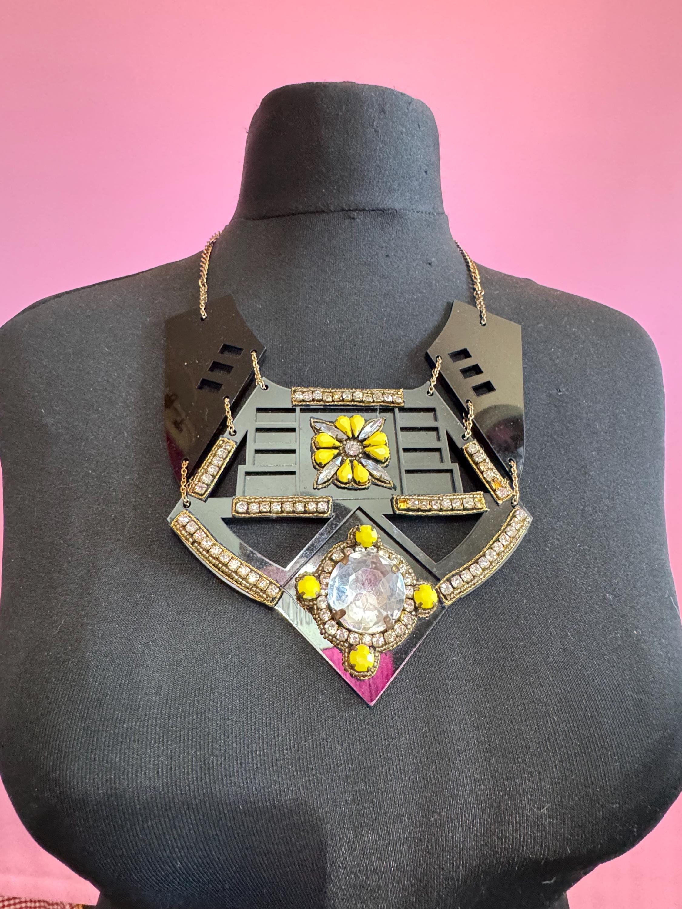 Black and yellow oversized statement necklace, acrylic and rhinestones