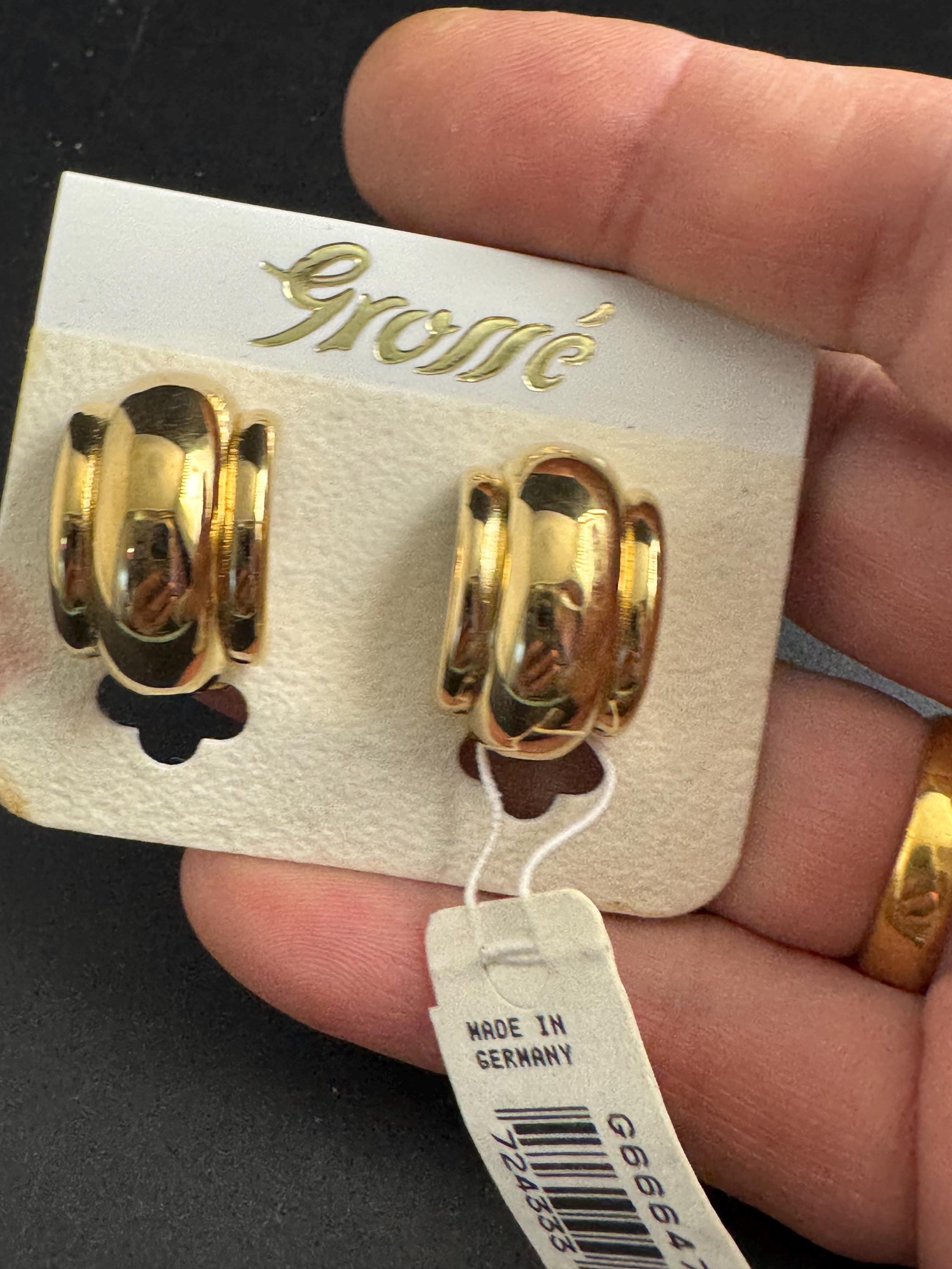 Grosse gold plated clip on earrings, unused vintage stock designer and fully signed