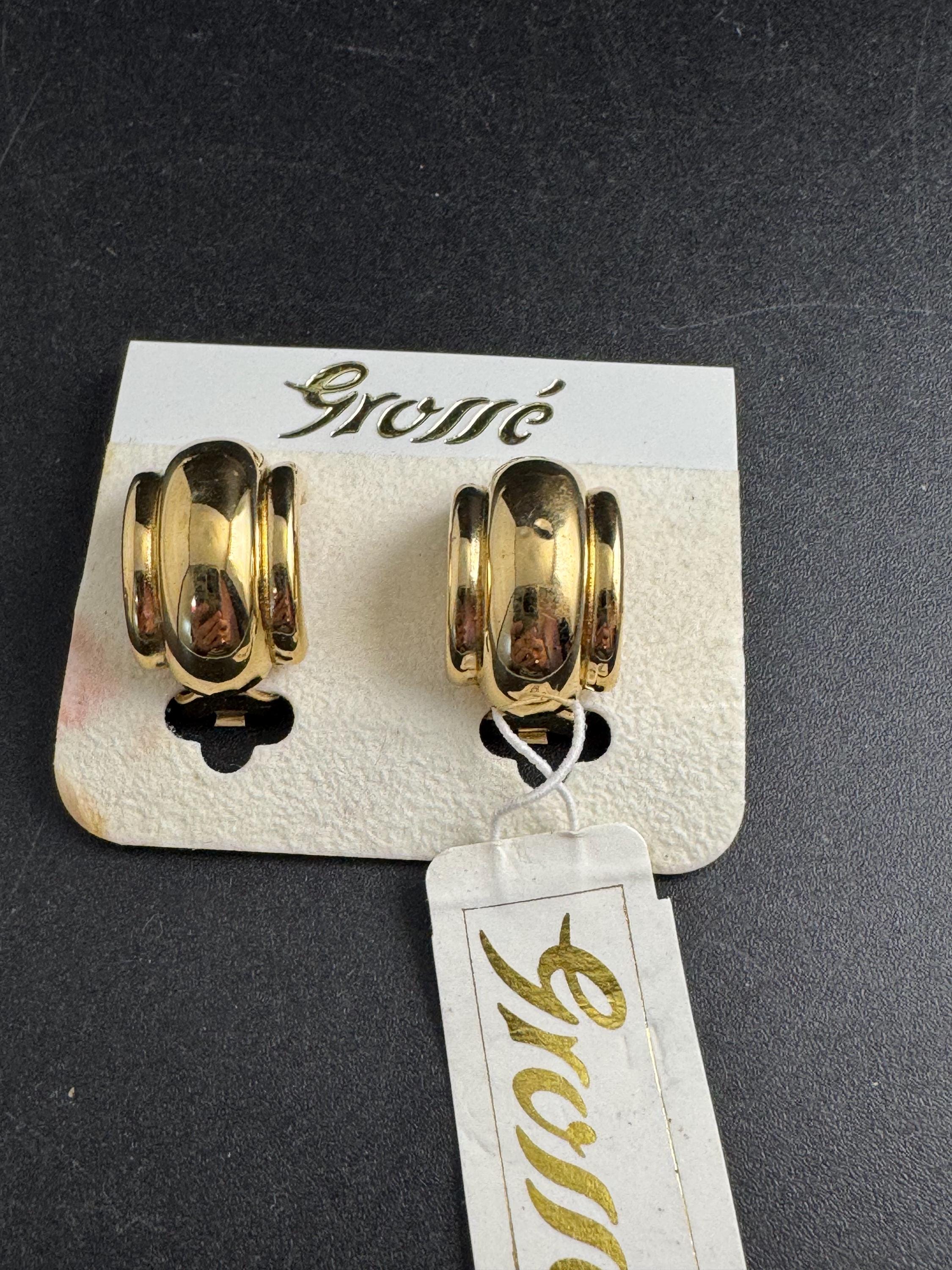 Grosse gold plated clip on earrings, unused vintage stock designer and fully signed