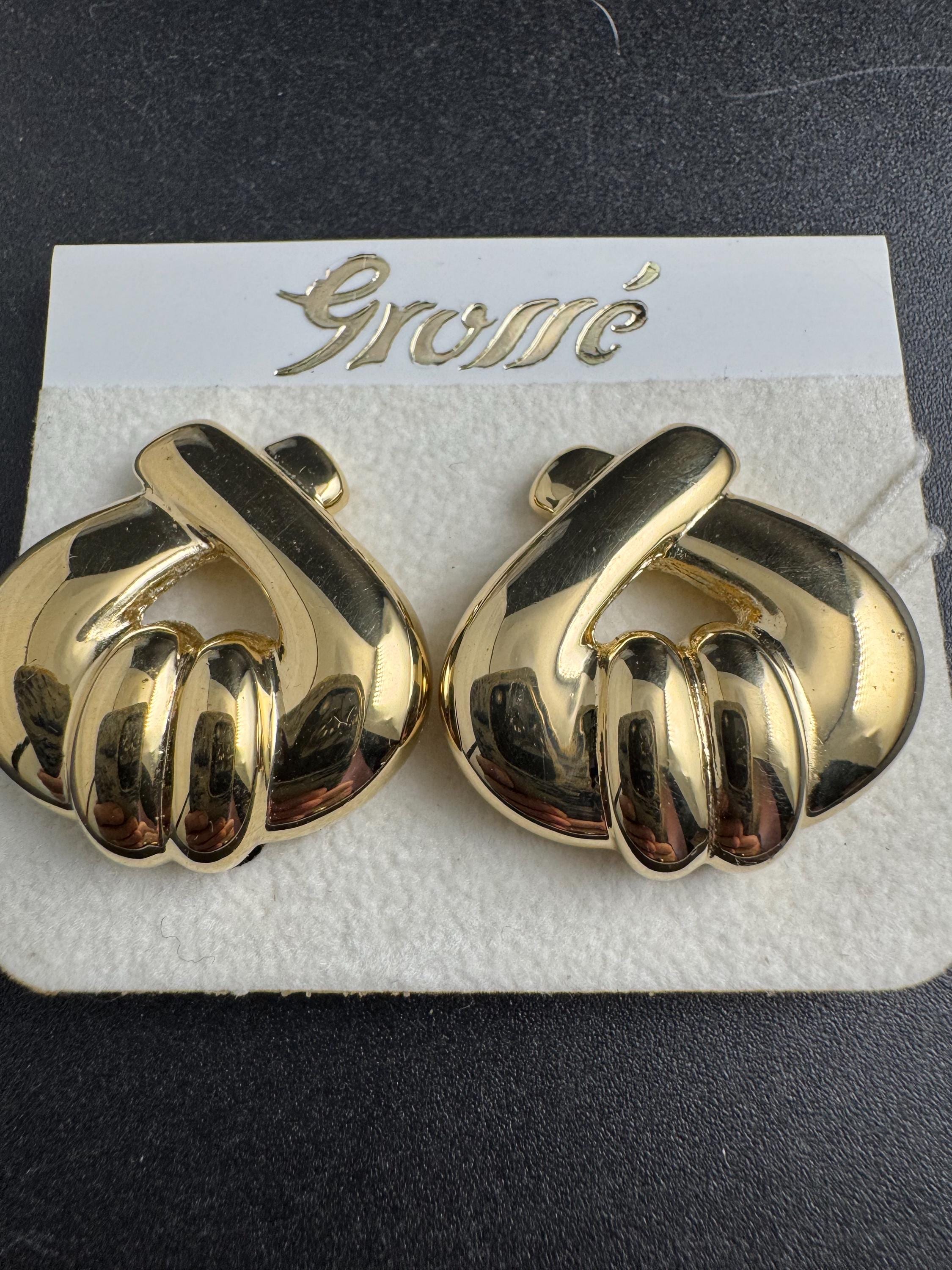 Grosse gold plated clip on earrings, unused vintage stock designer and fully signed