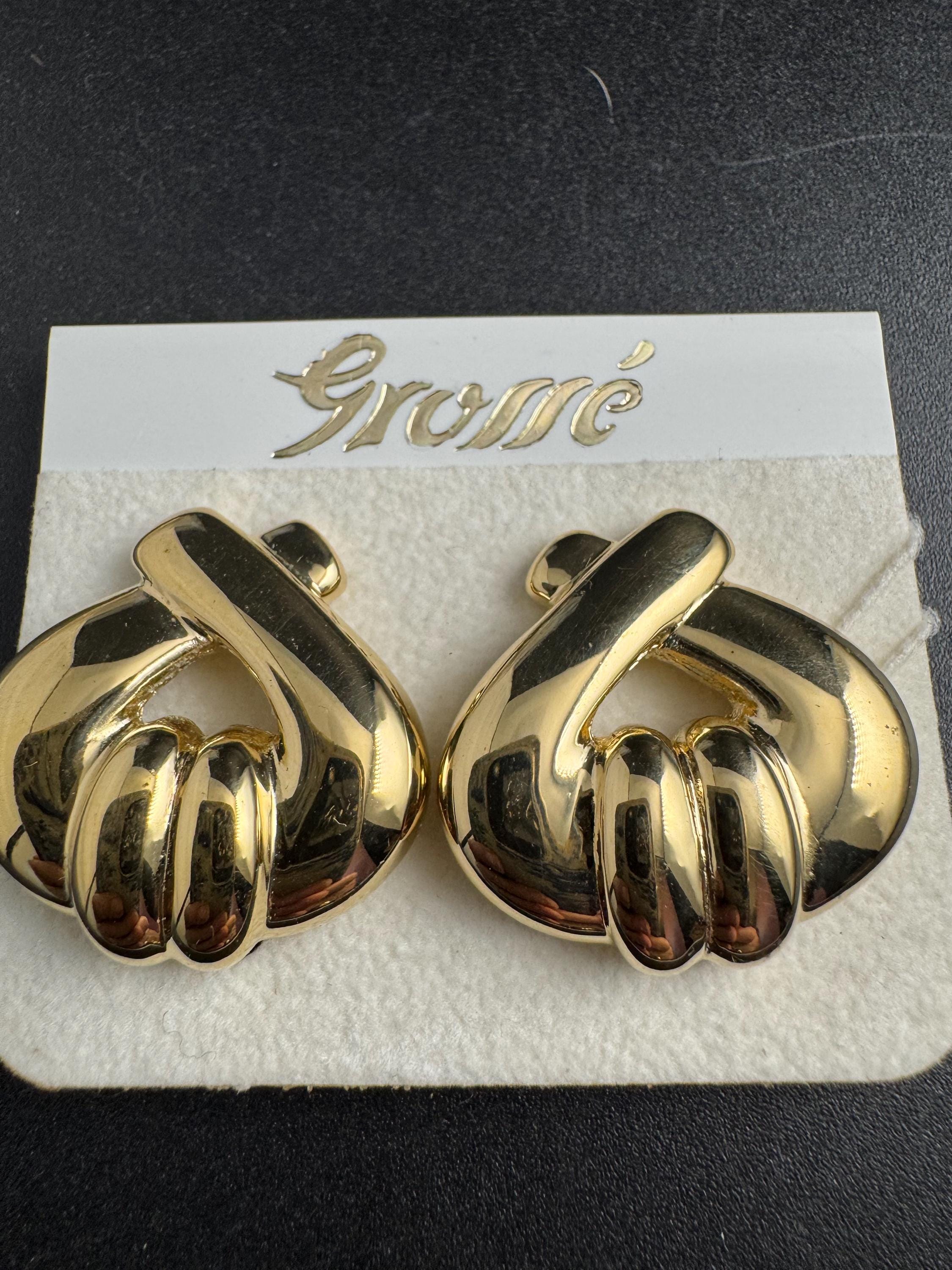 Grosse gold plated clip on earrings, unused vintage stock designer and fully signed