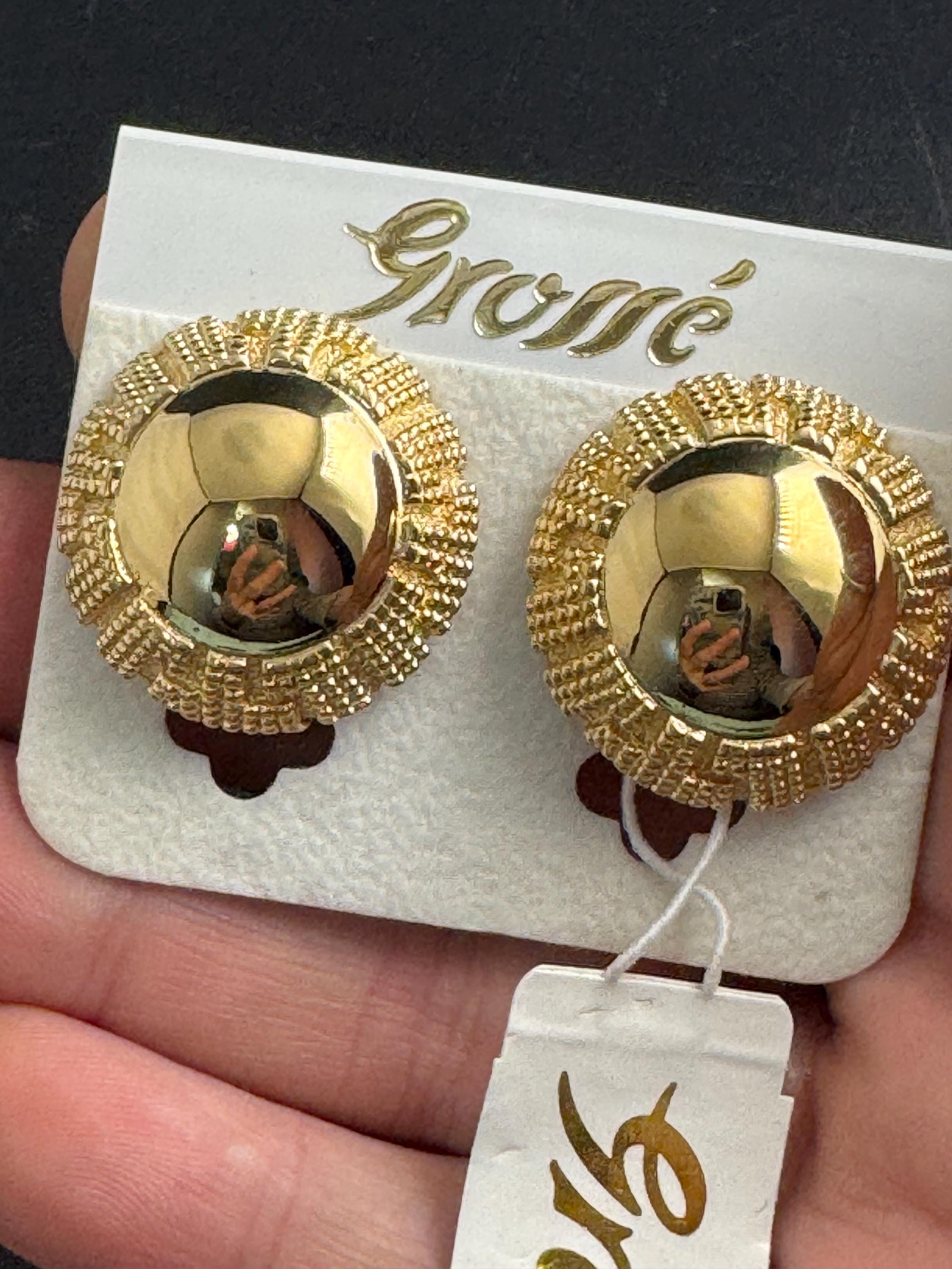 Grosse gold plated clip on earrings, unused vintage stock designer and fully signed
