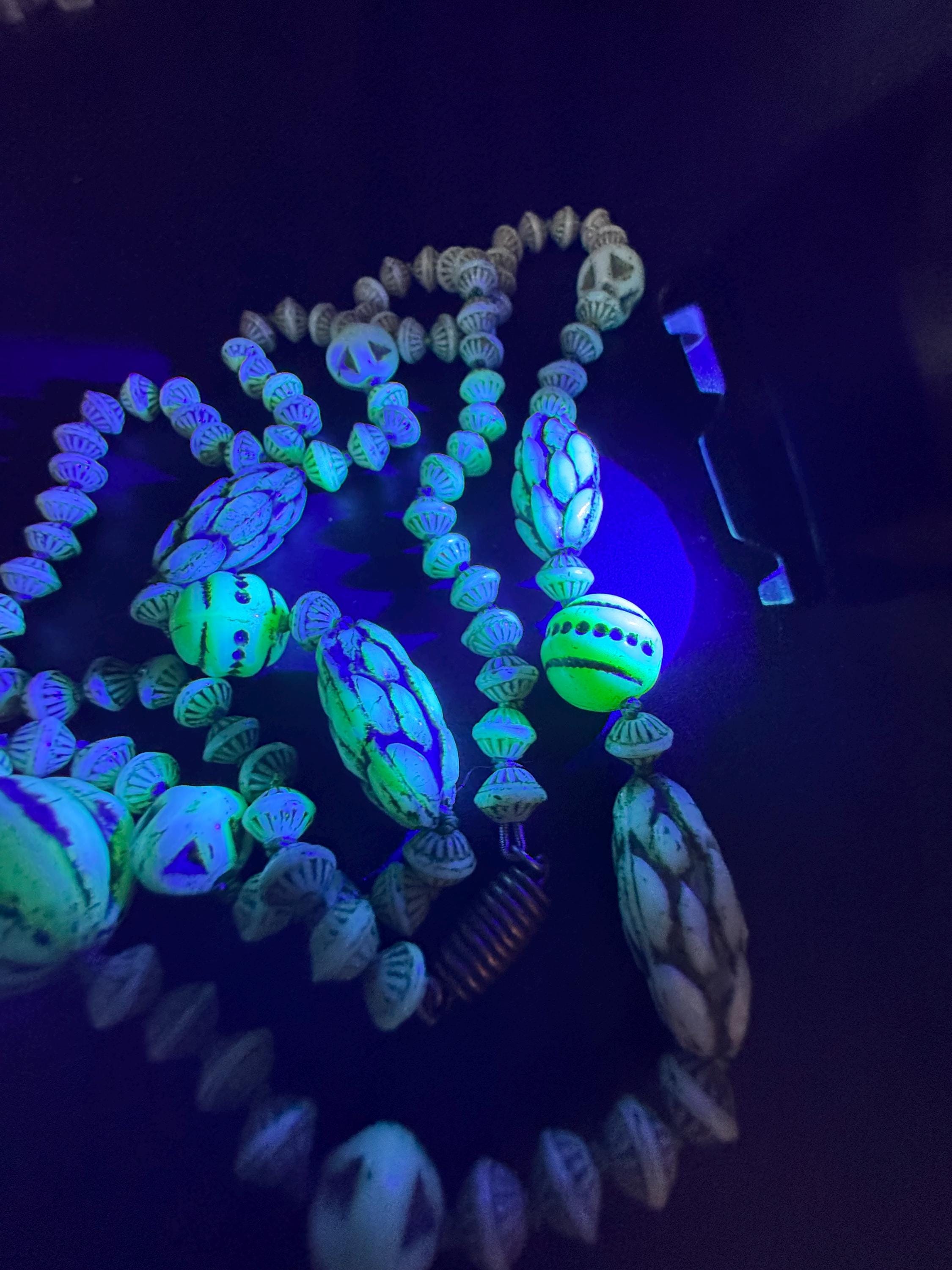 neiger UV beaded necklace, cream and green beads 76 uranium glass