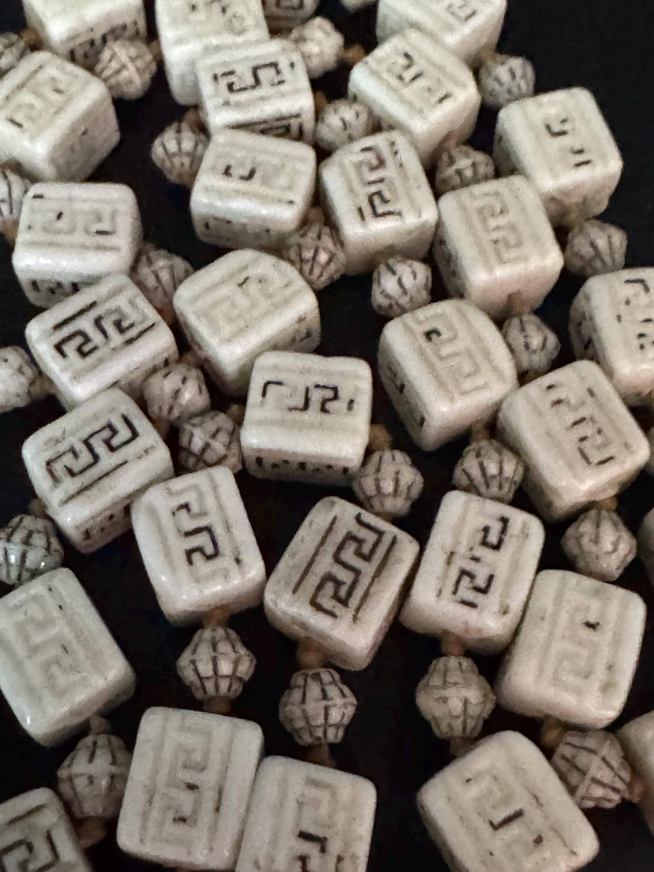 neiger UV square beaded necklace, cream and brown beads 80cm uranium glass