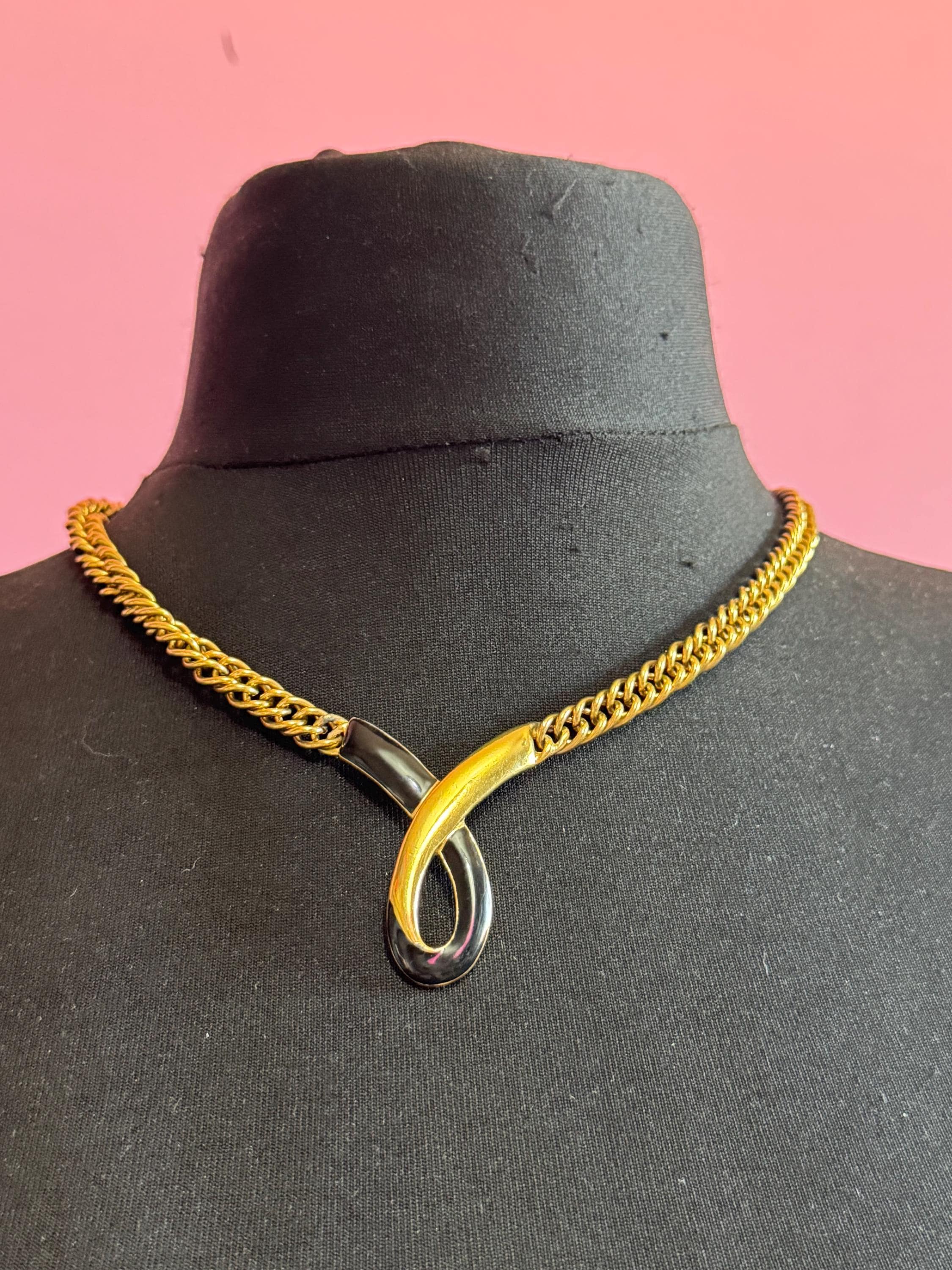 Monet Black Enamel Collar Necklace, signed and vintage gold plated choker