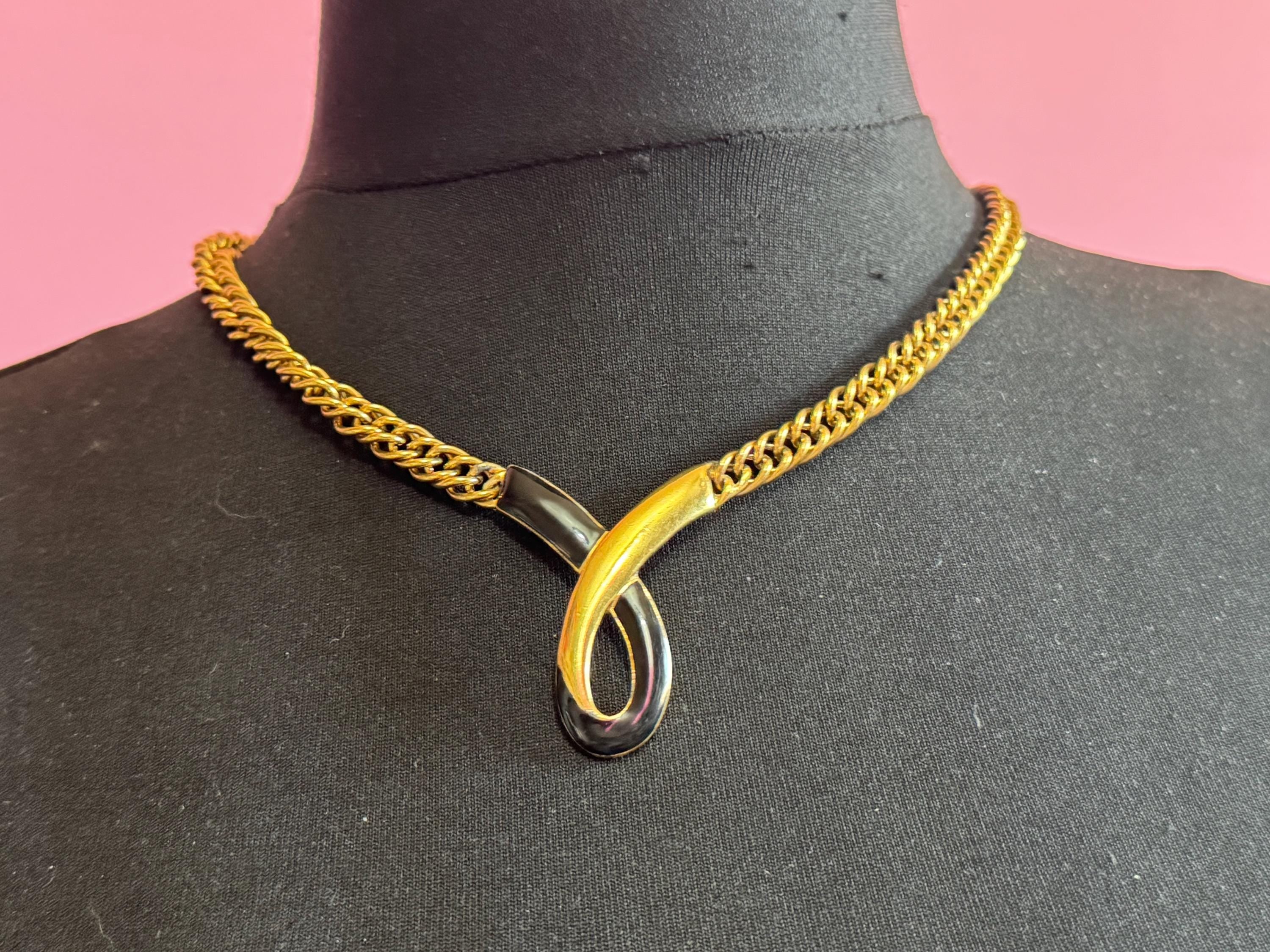 Monet Black Enamel Collar Necklace, signed and vintage gold plated choker