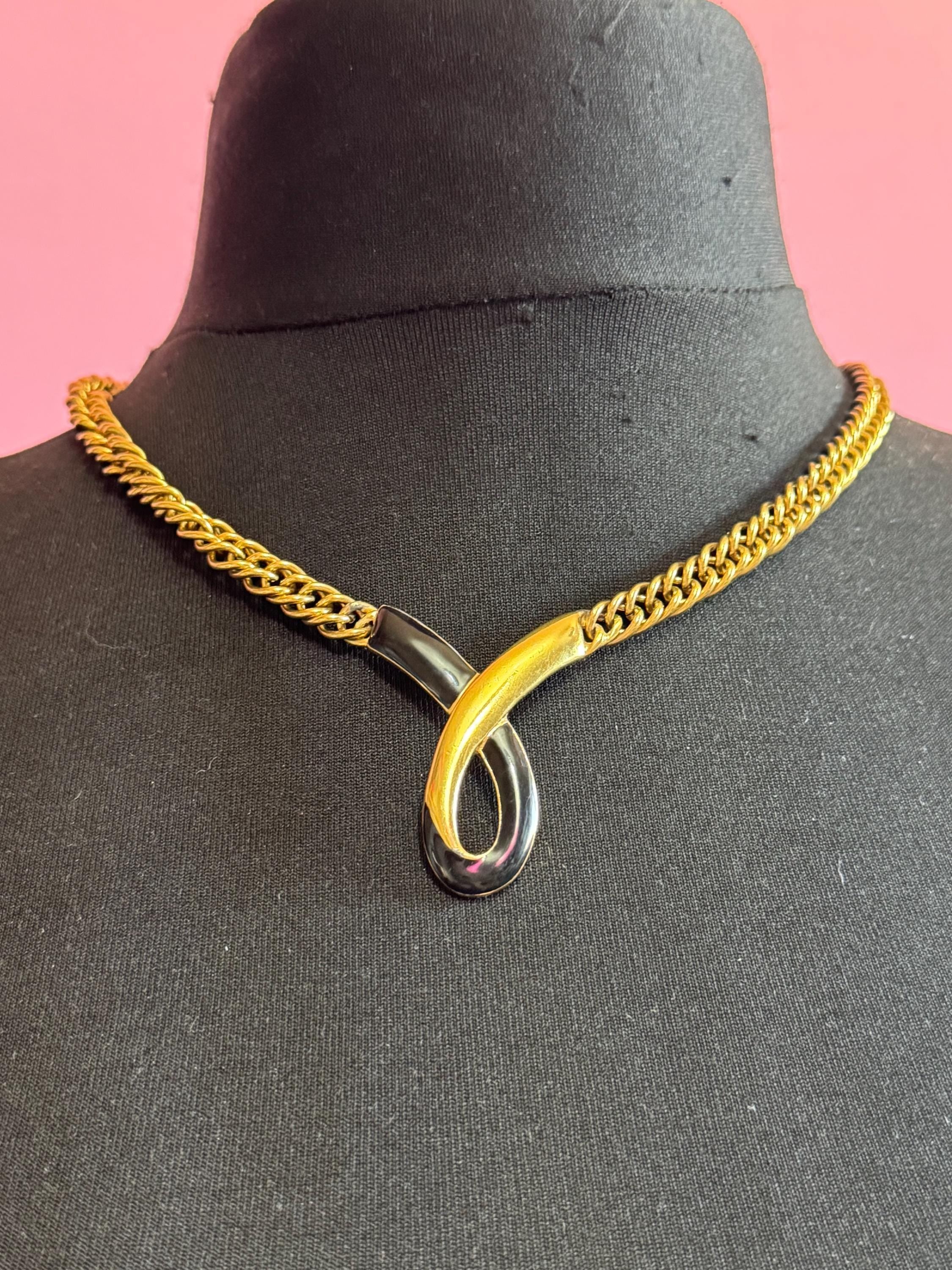 Monet Black Enamel Collar Necklace, signed and vintage gold plated choker