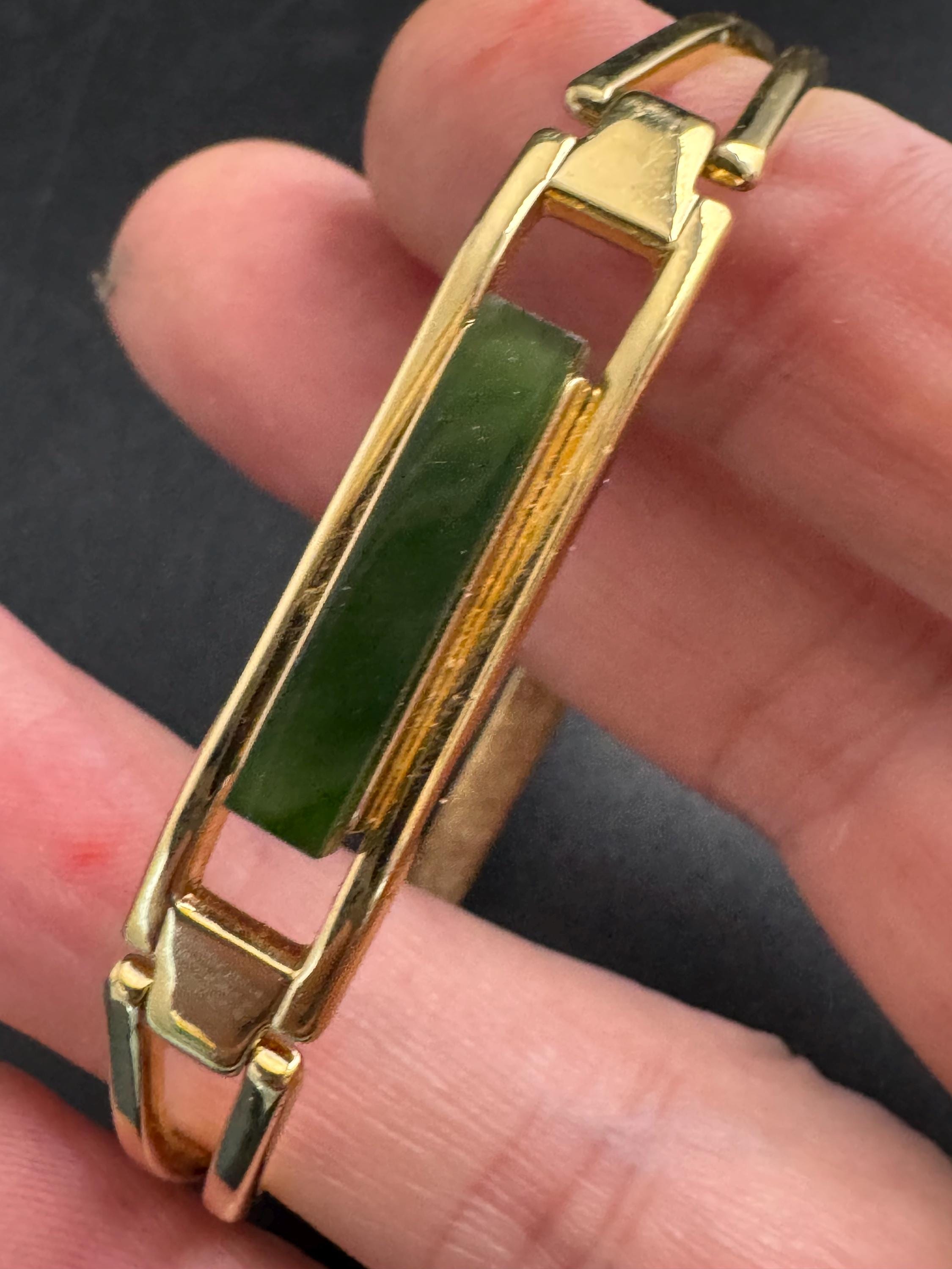 Avon gold green jade glass hinged bangle, Vintage signed