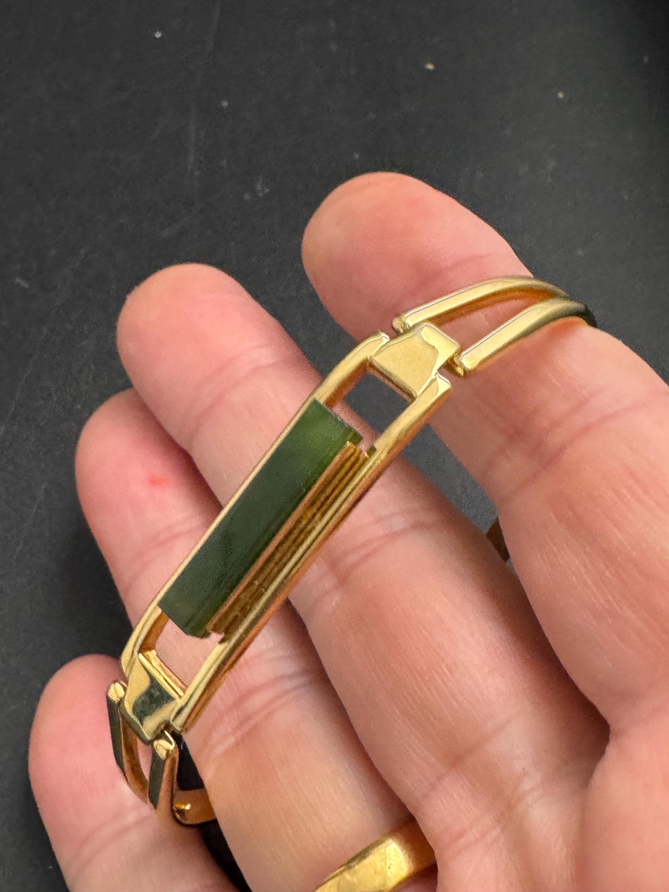 Avon gold green jade glass hinged bangle, Vintage signed