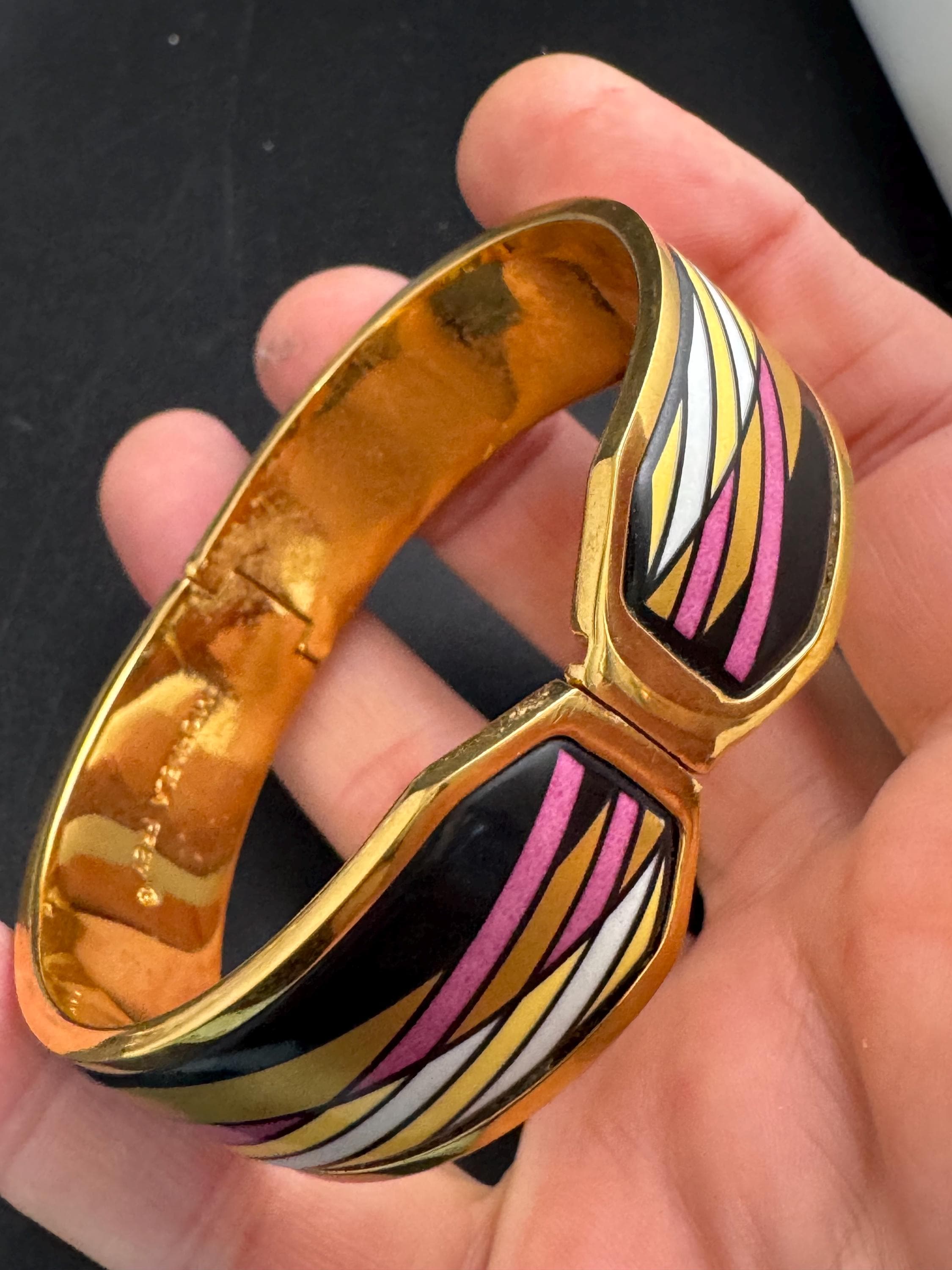 Michaela Frey 24ct gp Enamel Bangle, Vintage Designer Clamper Bracelet Austria