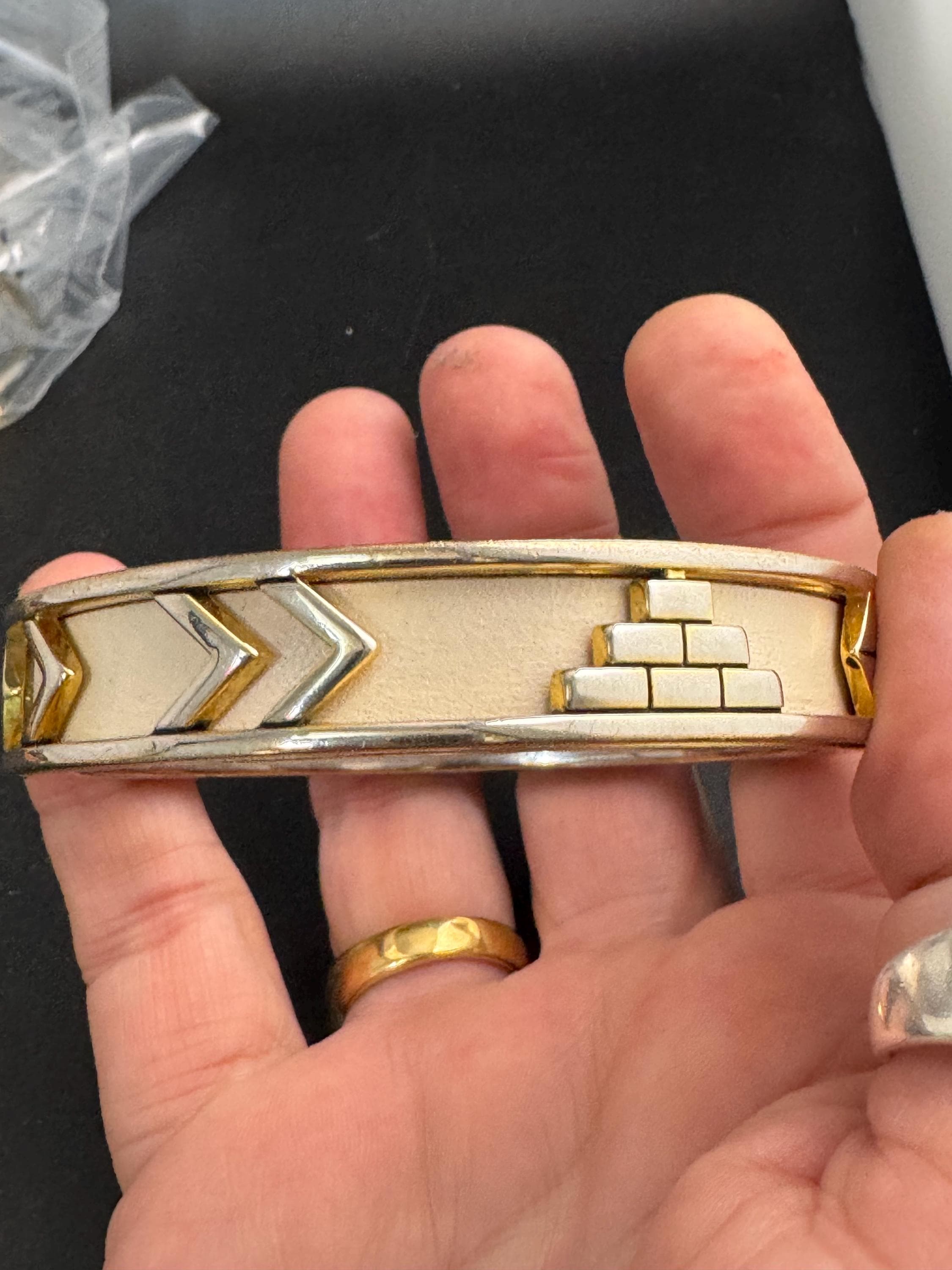 House of Harlow cream inca bangle, enamelled 1960s silver tone and gold plated