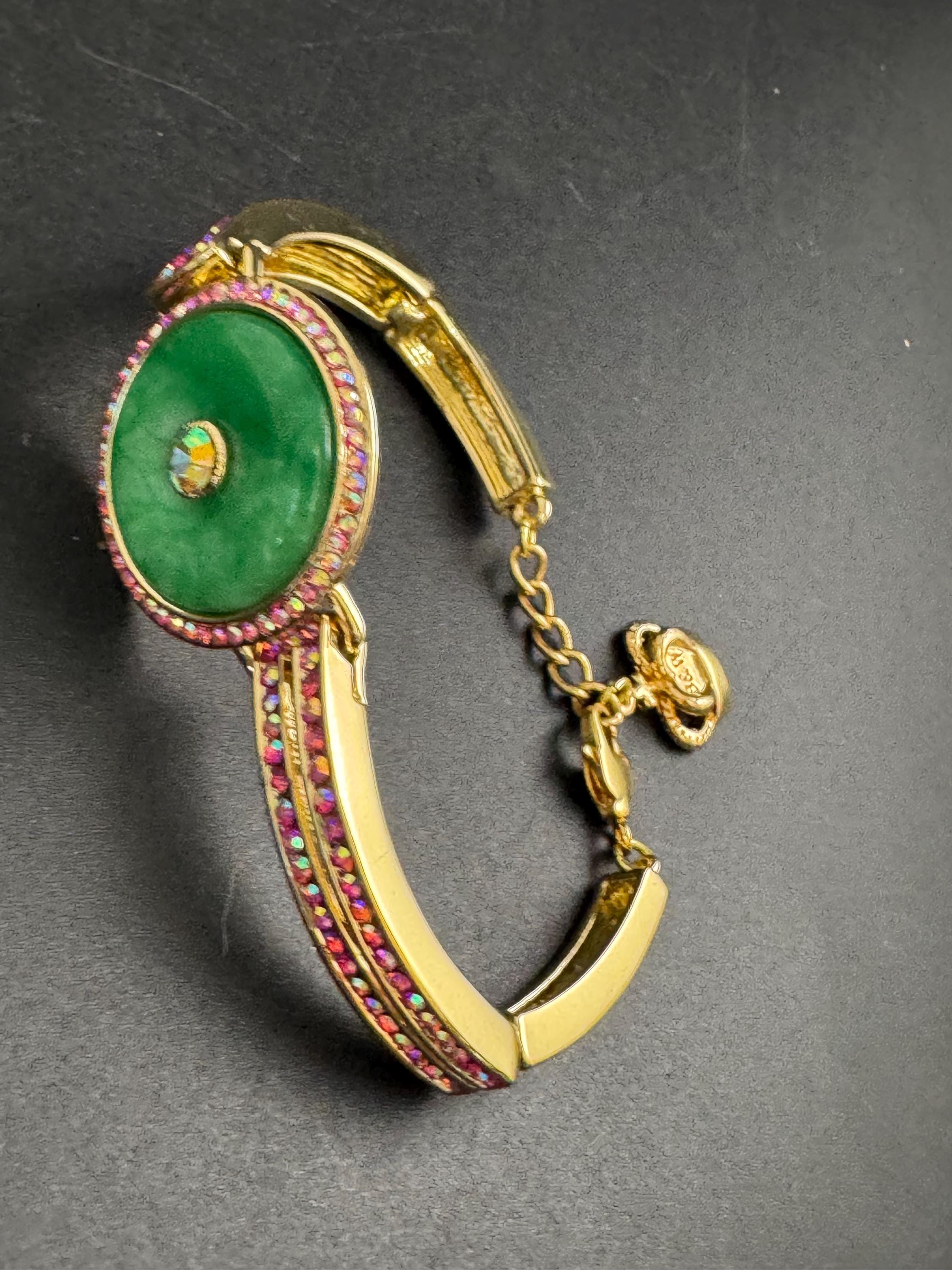 Butler & Wilson pink rhinestone bracelet, ab rhinestone crystals with green peking glass central cabochon