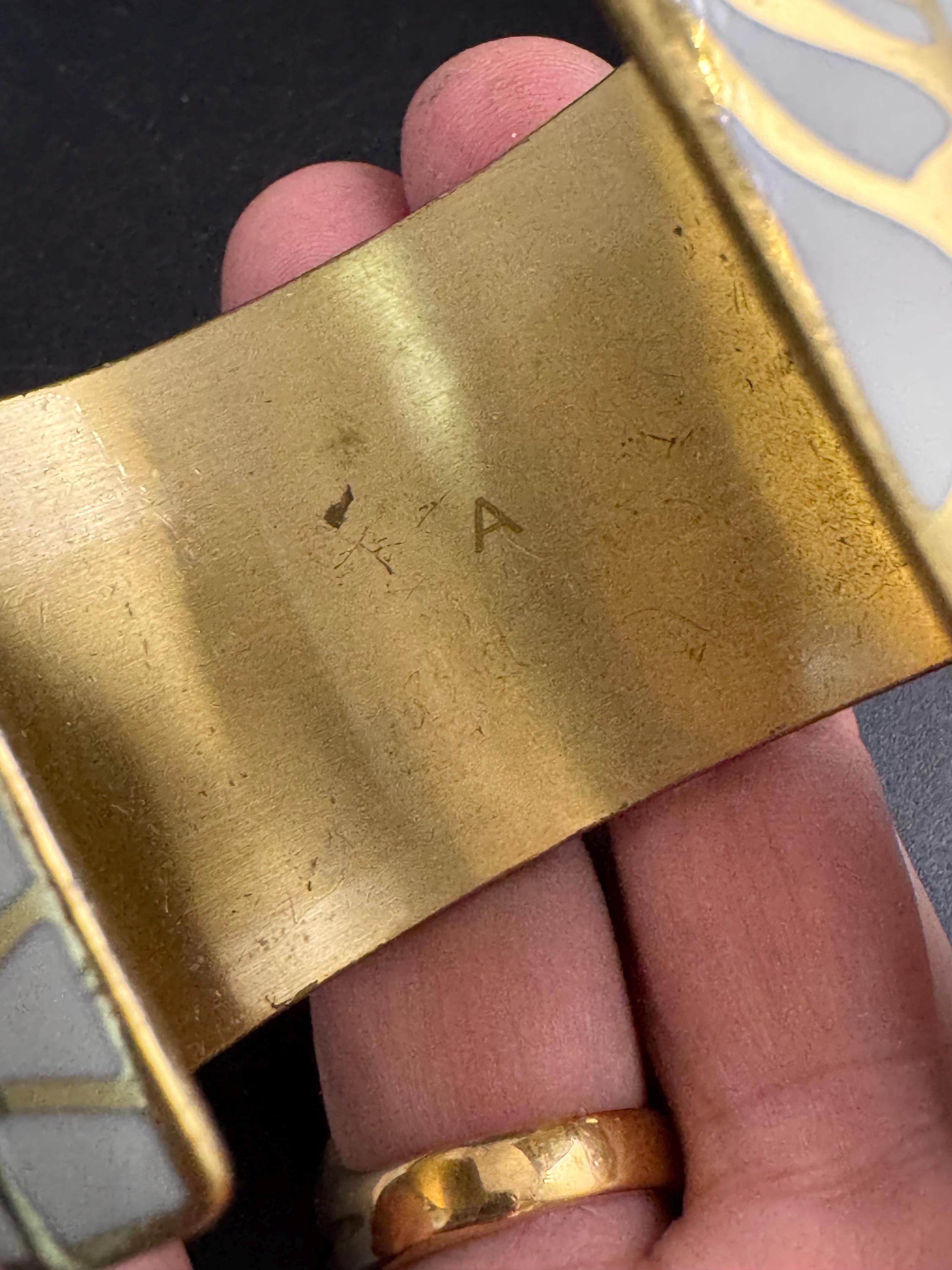 AGATHA cream enamel wide cuff bangle, palm tree leaf Paris designer signed A