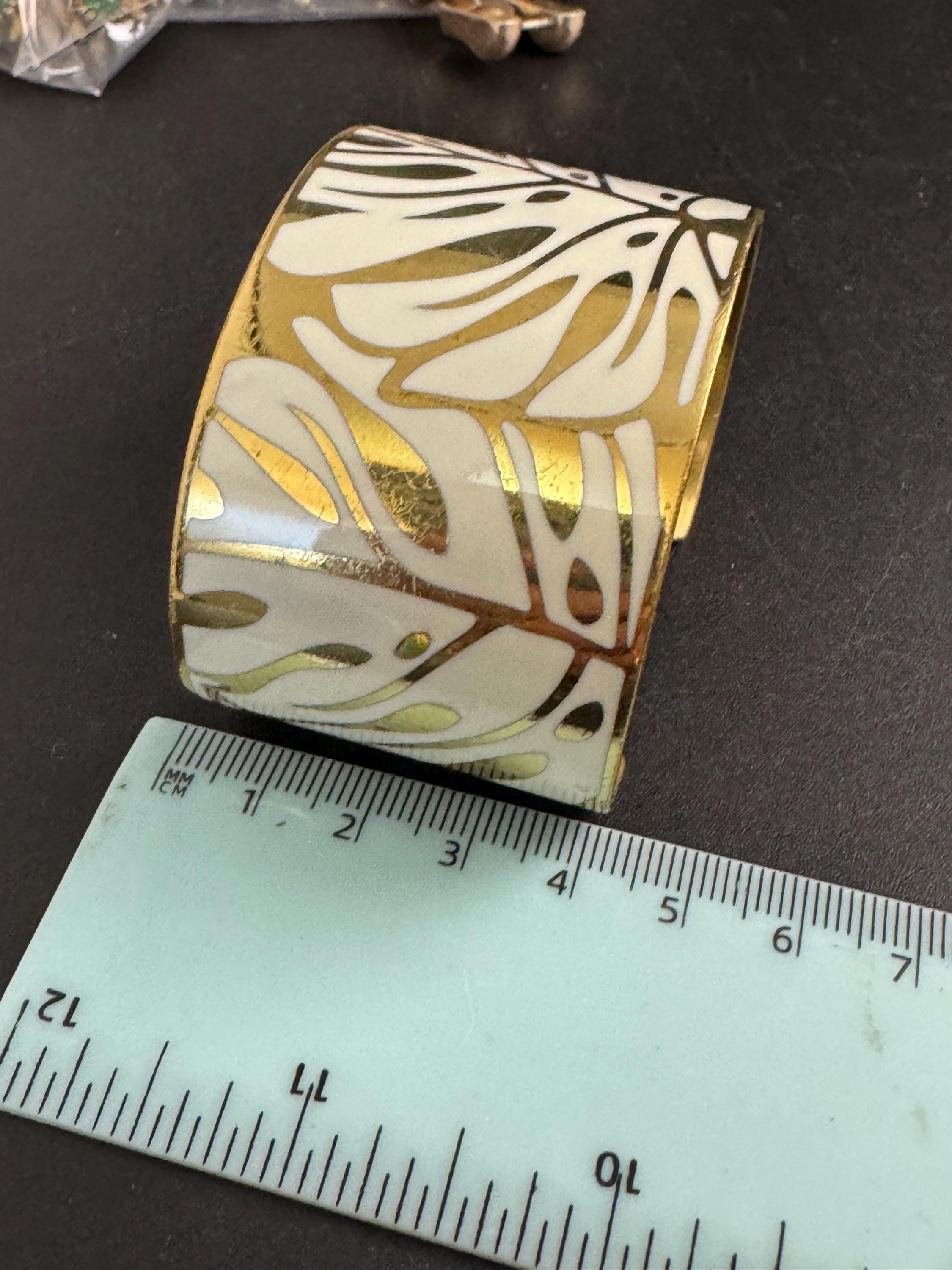 AGATHA cream enamel wide cuff bangle, palm tree leaf Paris designer signed A