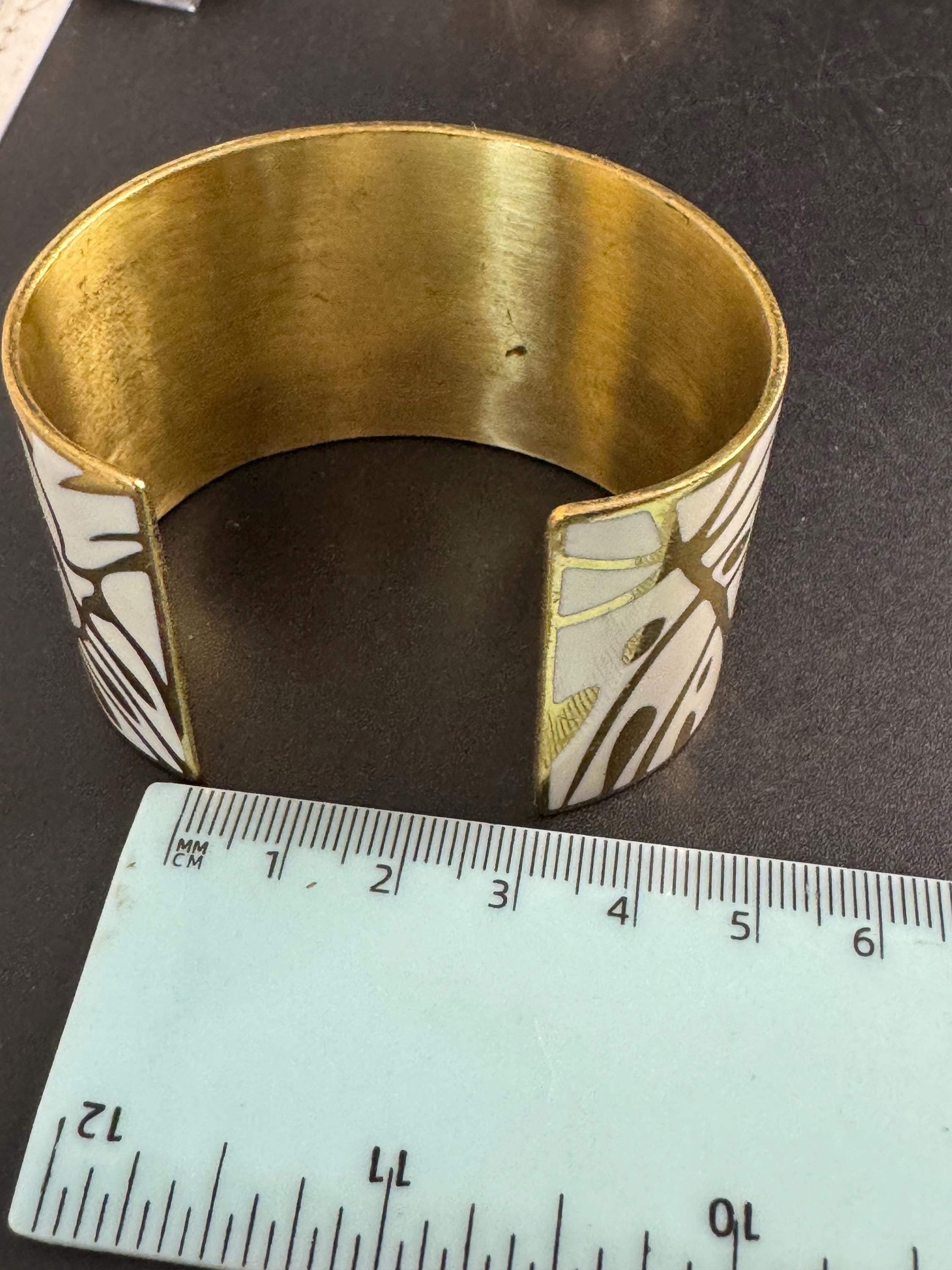 AGATHA cream enamel wide cuff bangle, palm tree leaf Paris designer signed A