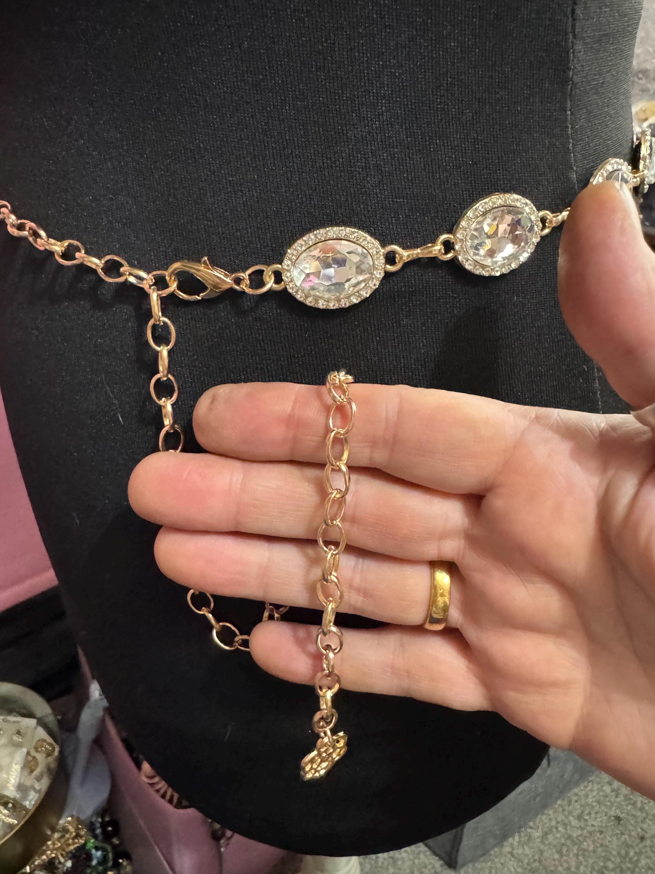 Diamante Gold panel link chain belt, fits to 114 cm waist clear rhinestone vintage fashion