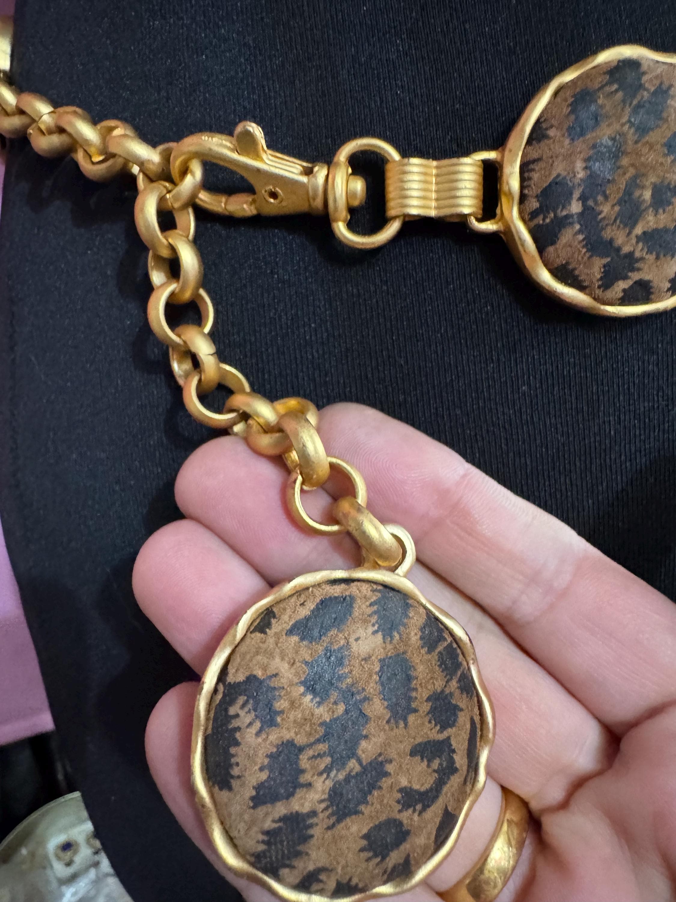 Matt gold animal print chain belt, fits 83 to 97cm chunky brown panel retro fashion