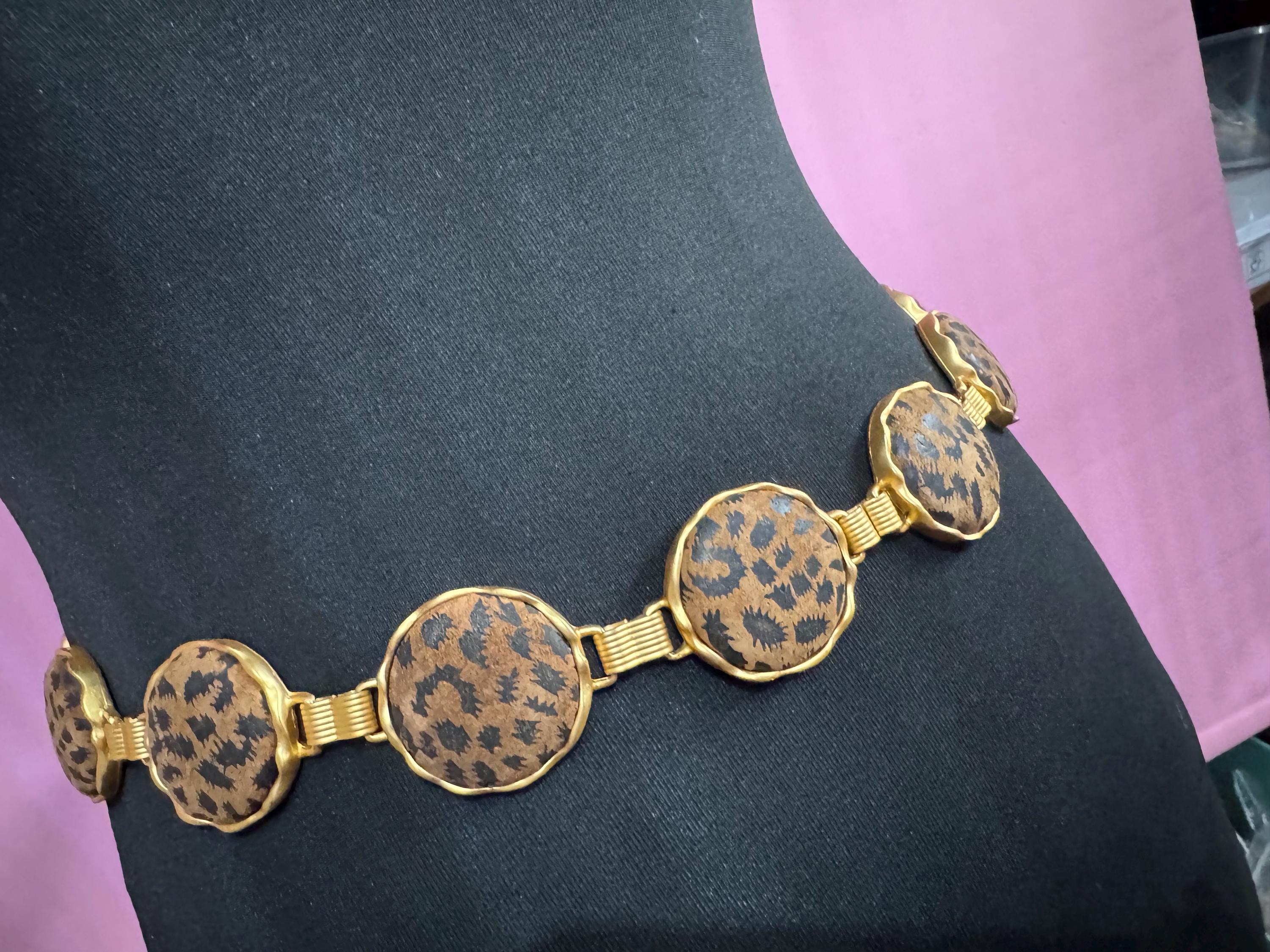 Matt gold animal print chain belt, fits 83 to 97cm chunky brown panel retro fashion