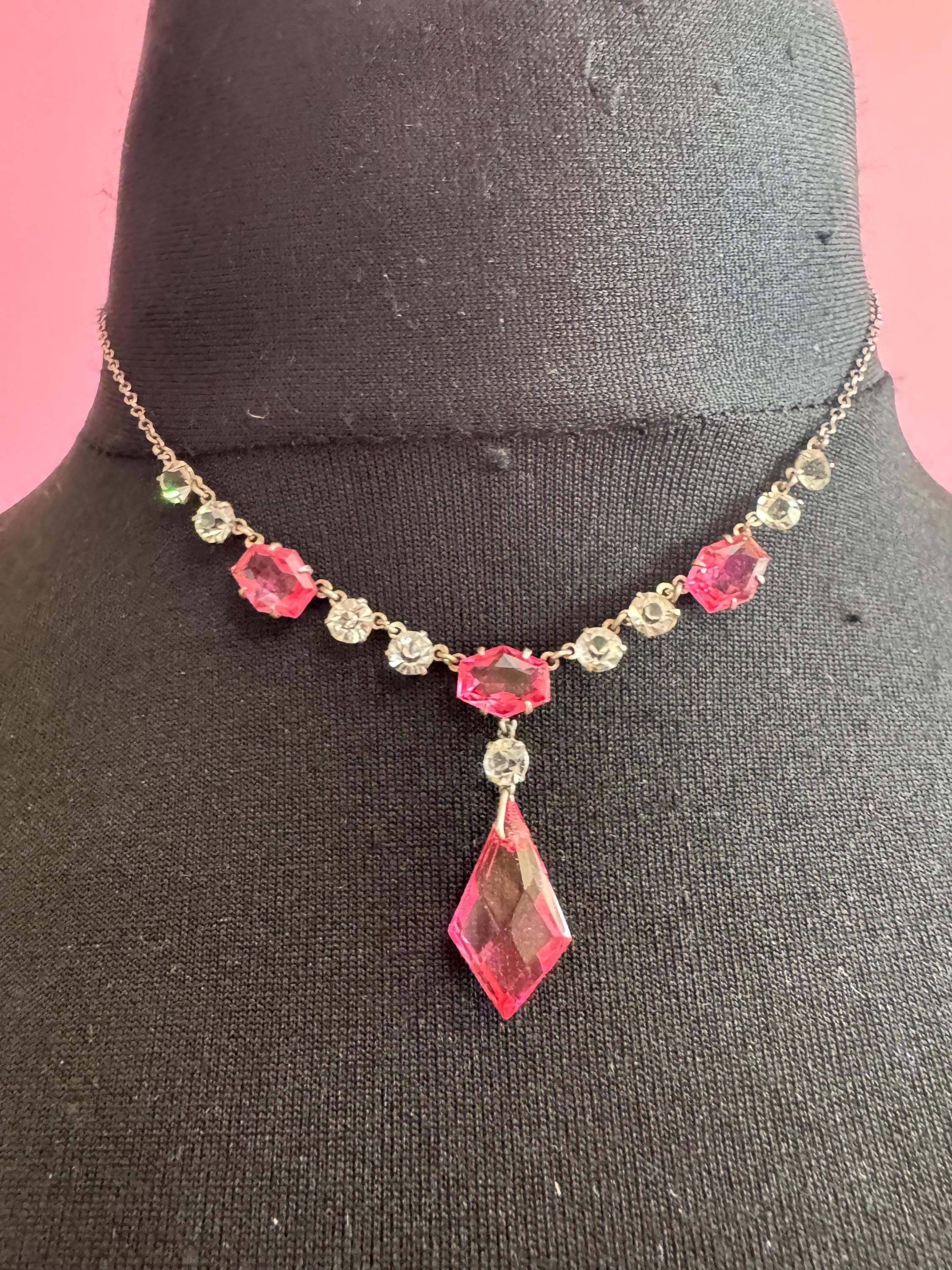 art Deco pink open back crystal necklace, white metal lariat dropper chain 1920s