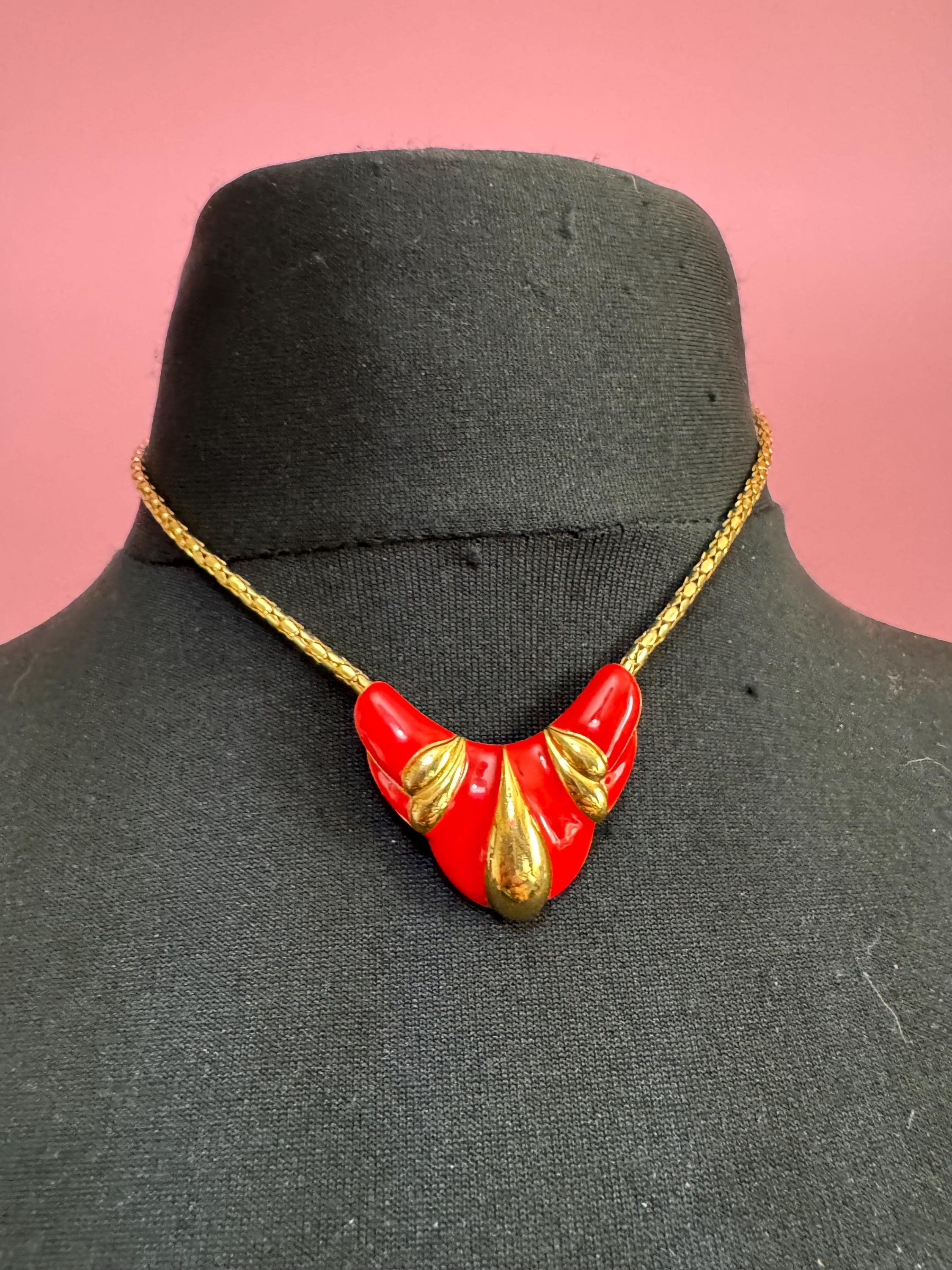 BG bright Red Enamel Choker - Gold Tone signed Bergdorf Goodman