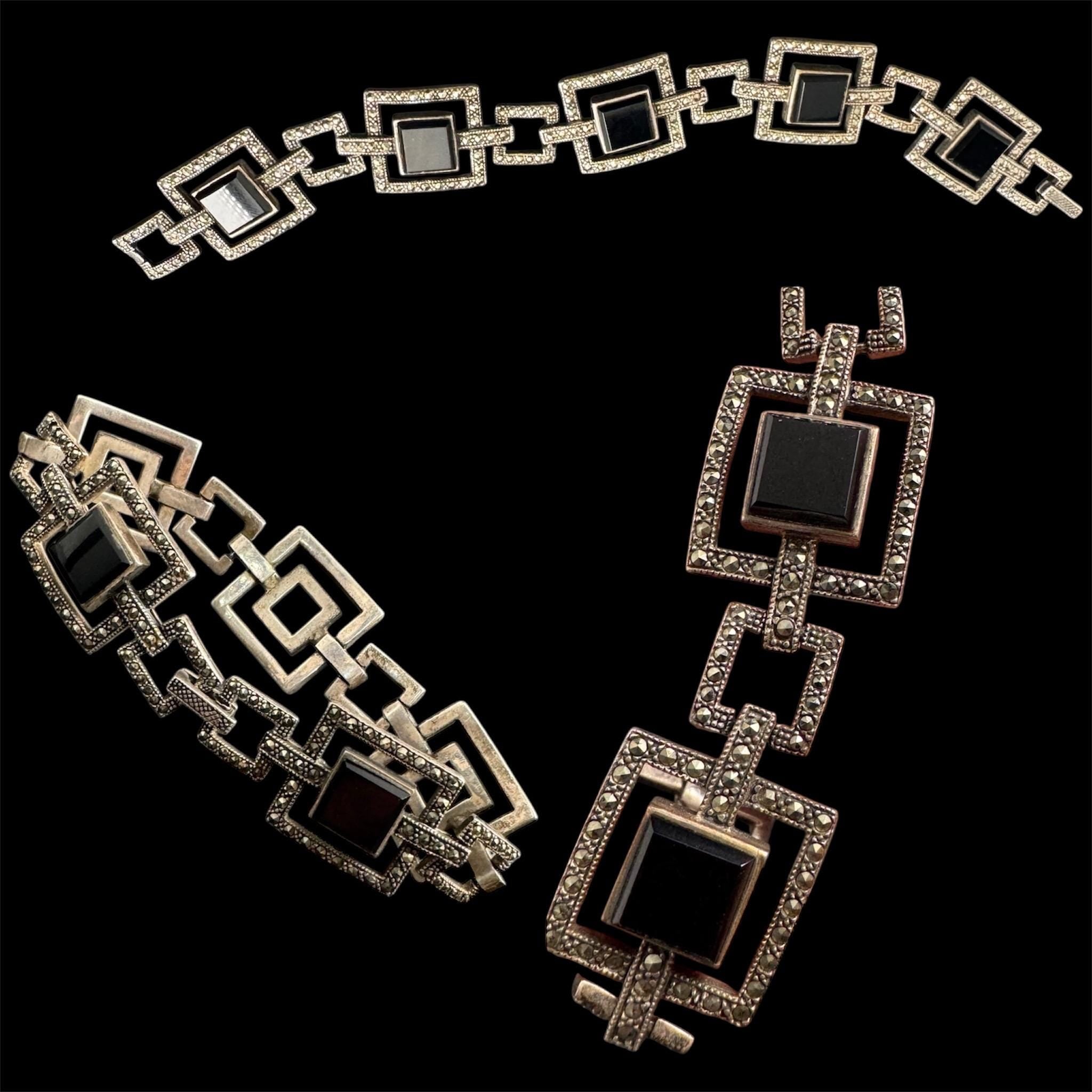 925 Sterling silver onyx panel bracelet, 26gms 18cm