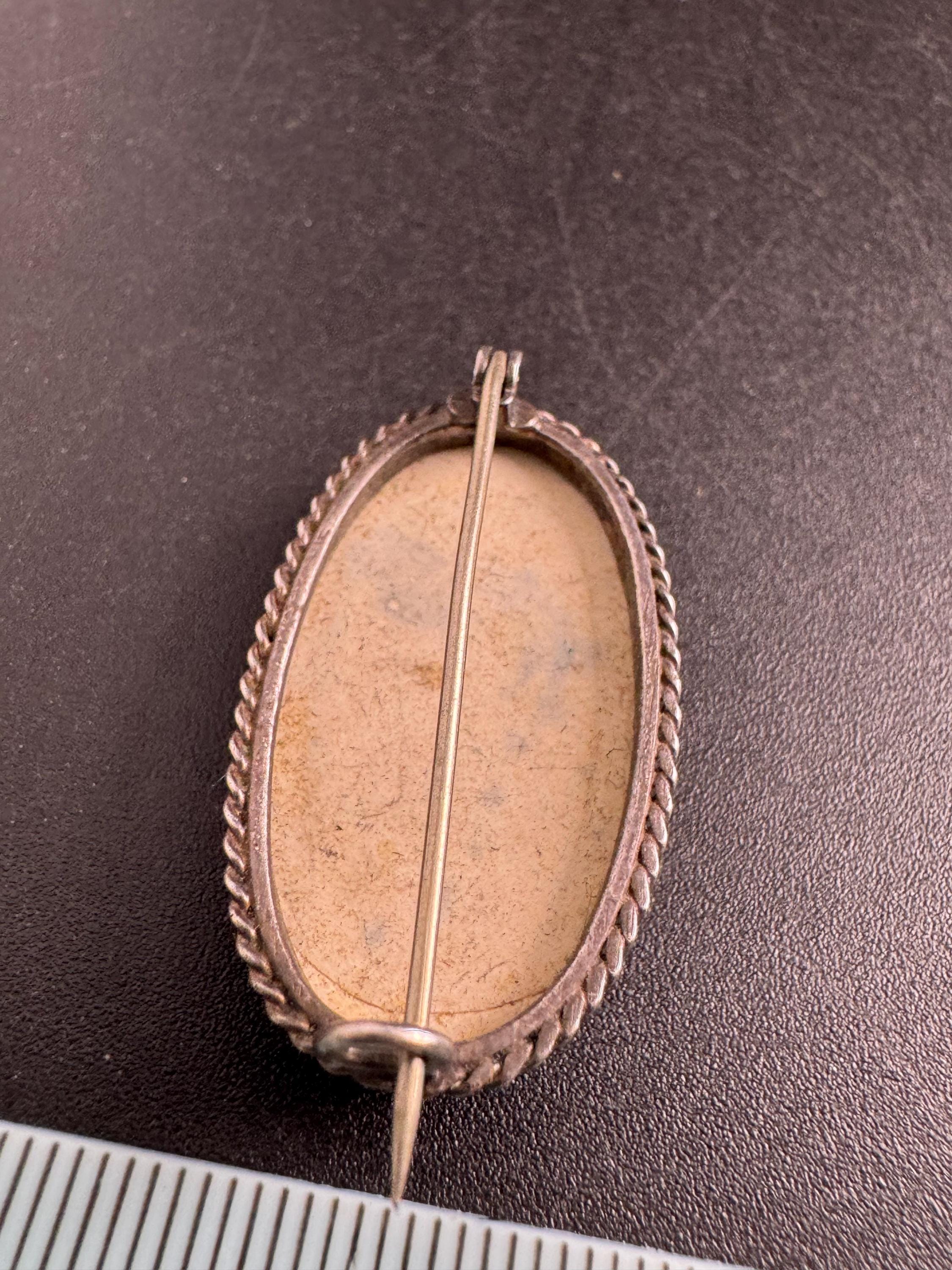 Antique delft pottery silver brooch, c clasp white metal pin