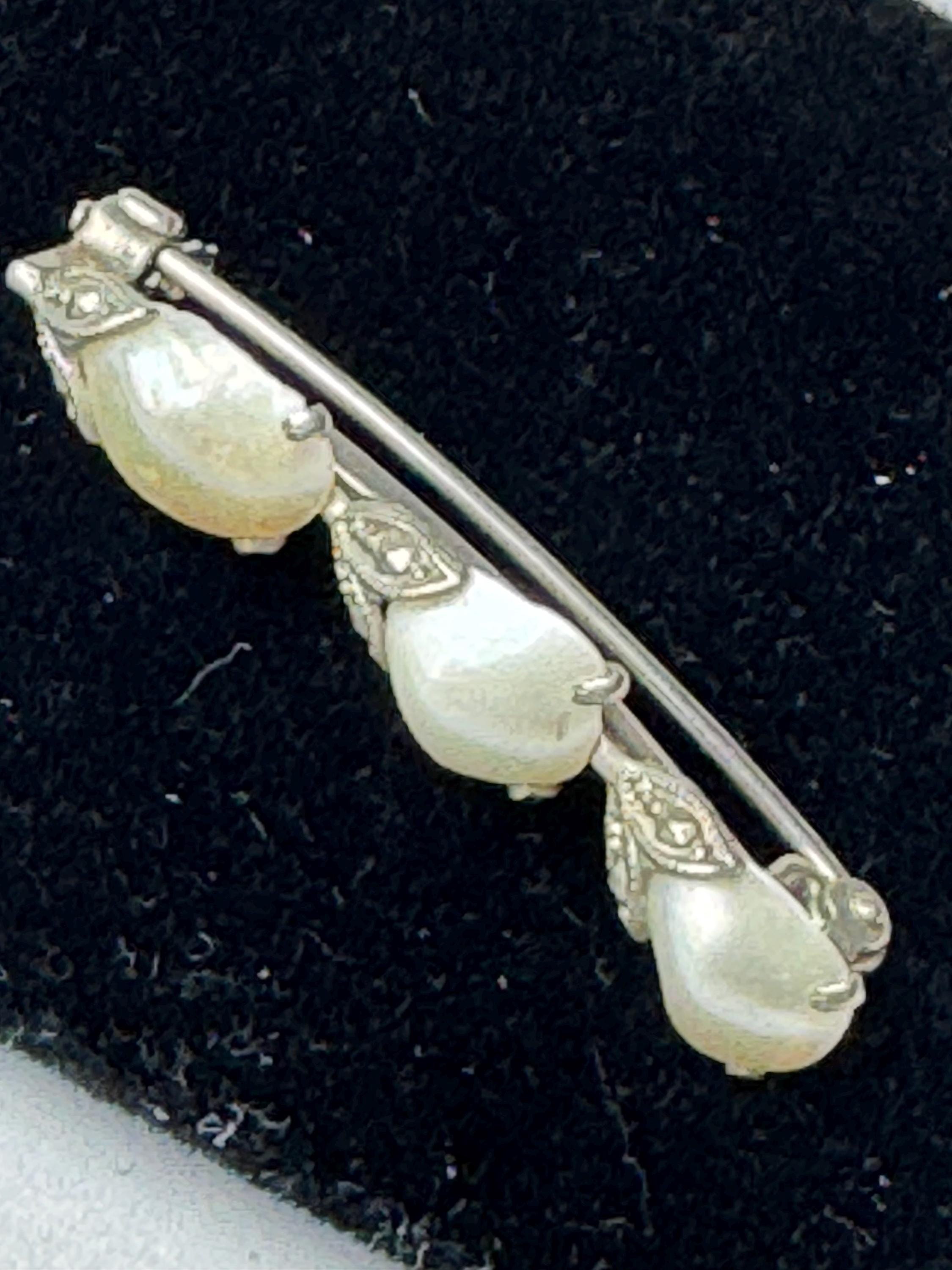 Baroque pearl 925 Marcasite Brooch: sterling silver bar Pin