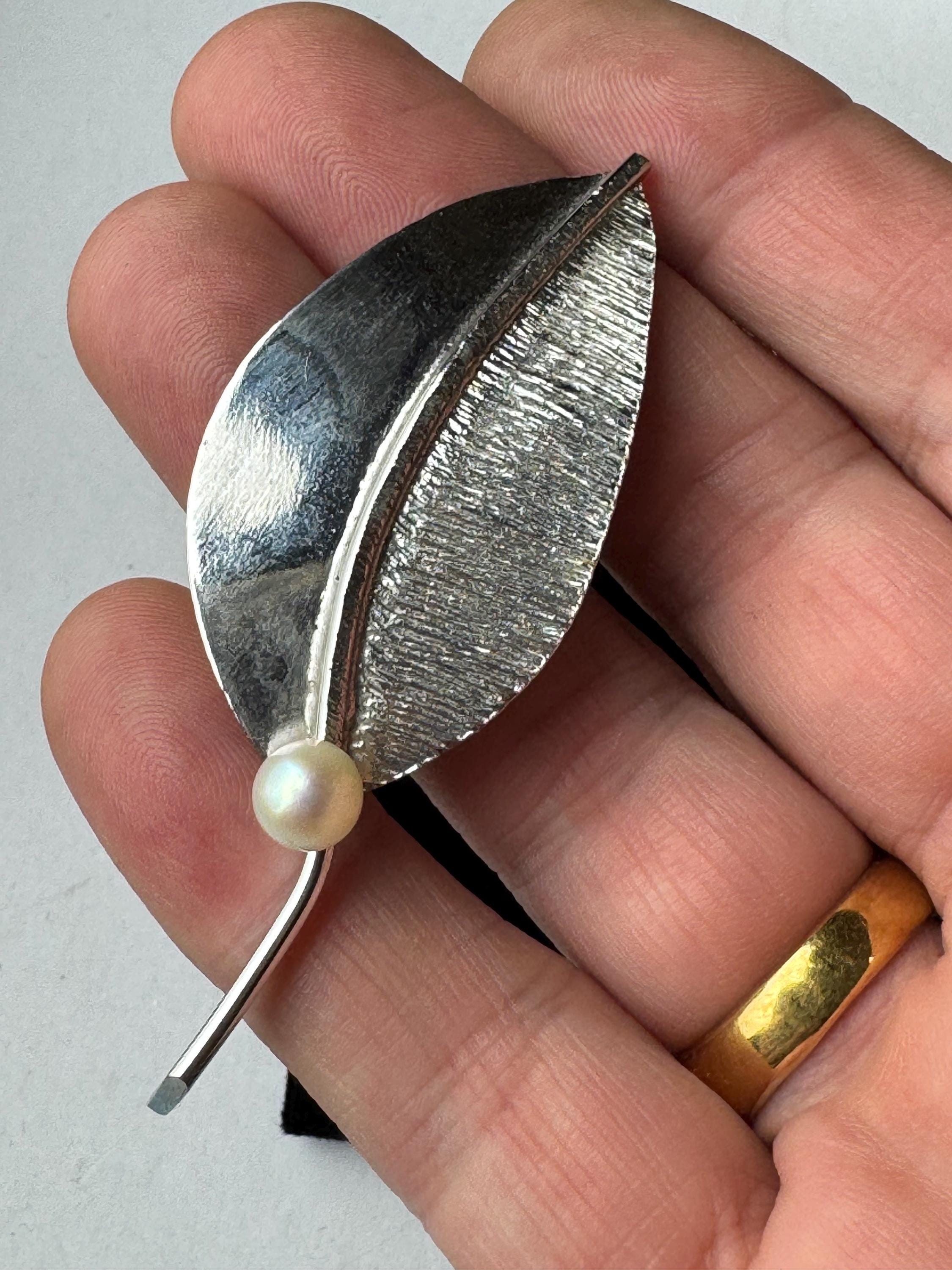 925 signed silver leaf brooch, cultured pearl signed PM, krementz pin