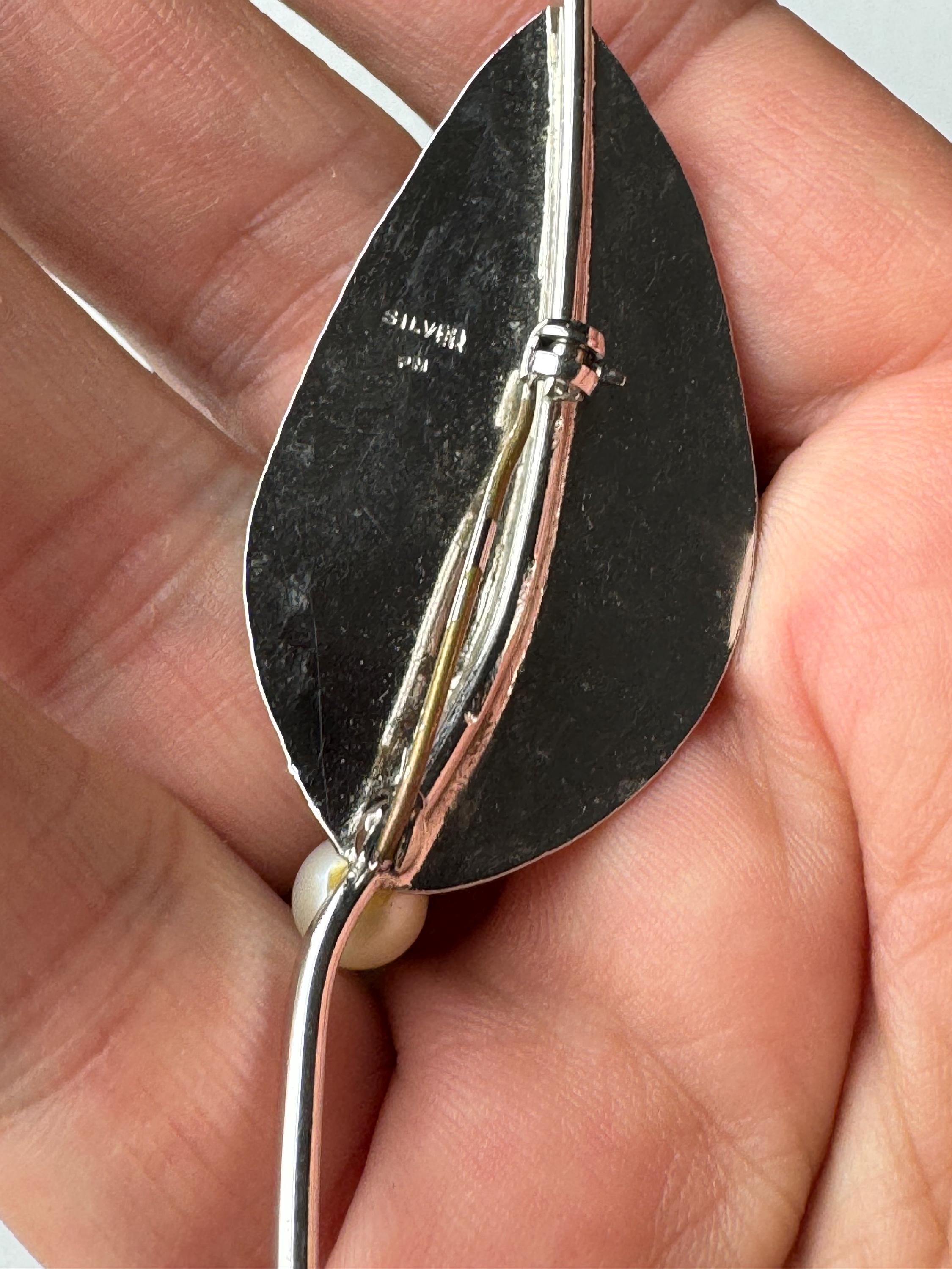 925 signed silver leaf brooch, cultured pearl signed PM, krementz pin