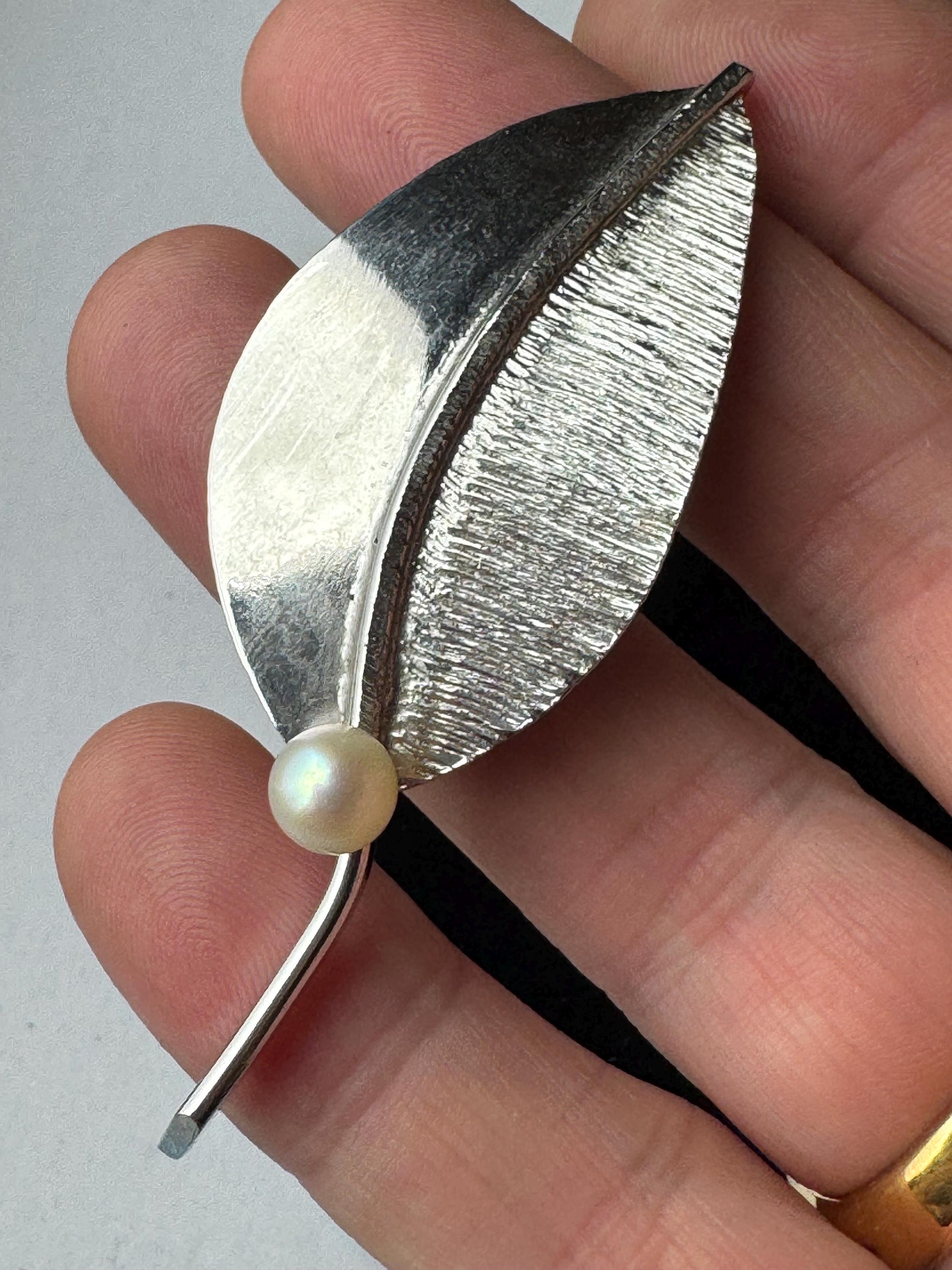 925 signed silver leaf brooch, cultured pearl signed PM, krementz pin