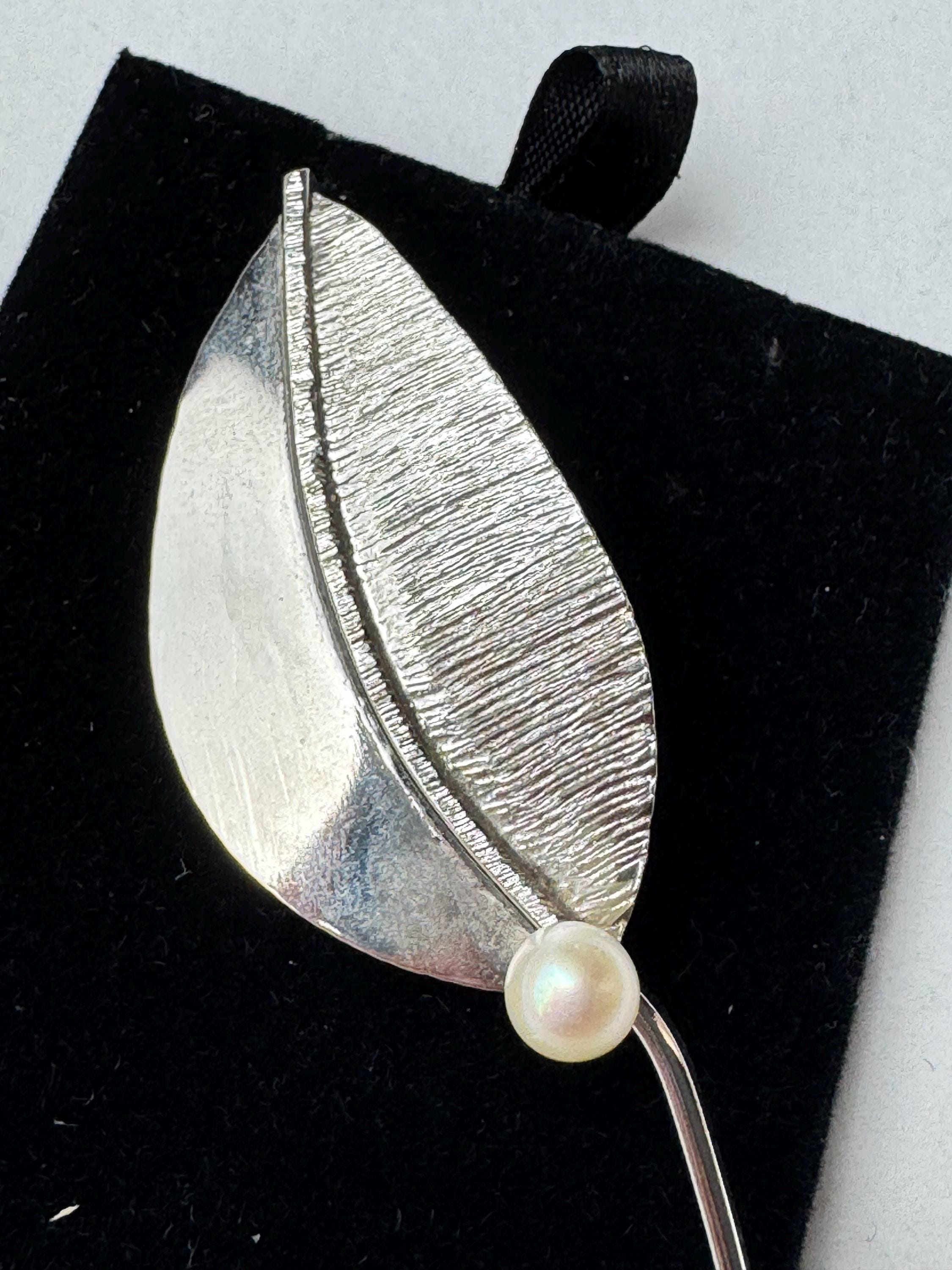 925 signed silver leaf brooch, cultured pearl signed PM, krementz pin