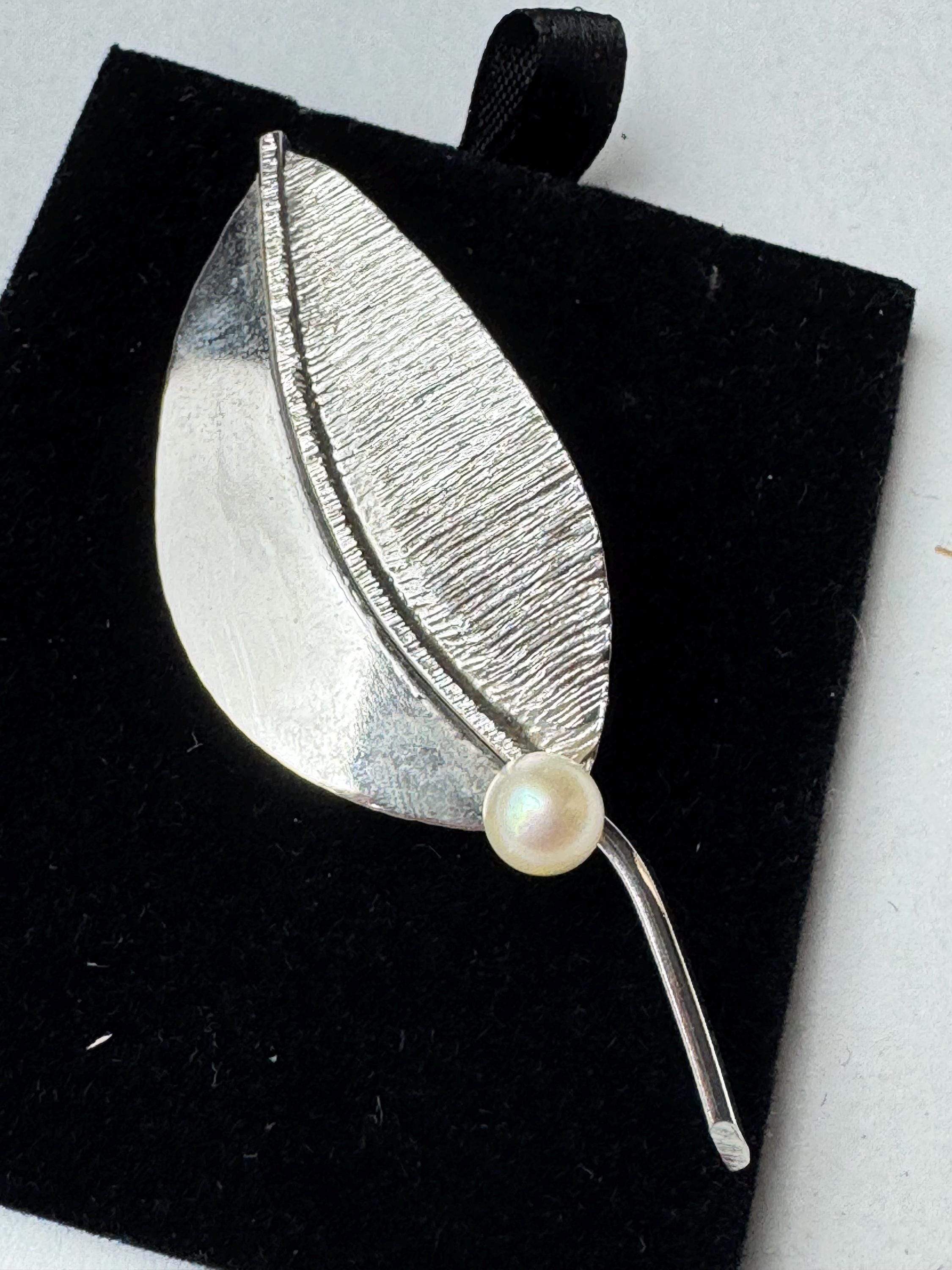 925 signed silver leaf brooch, cultured pearl signed PM, krementz pin