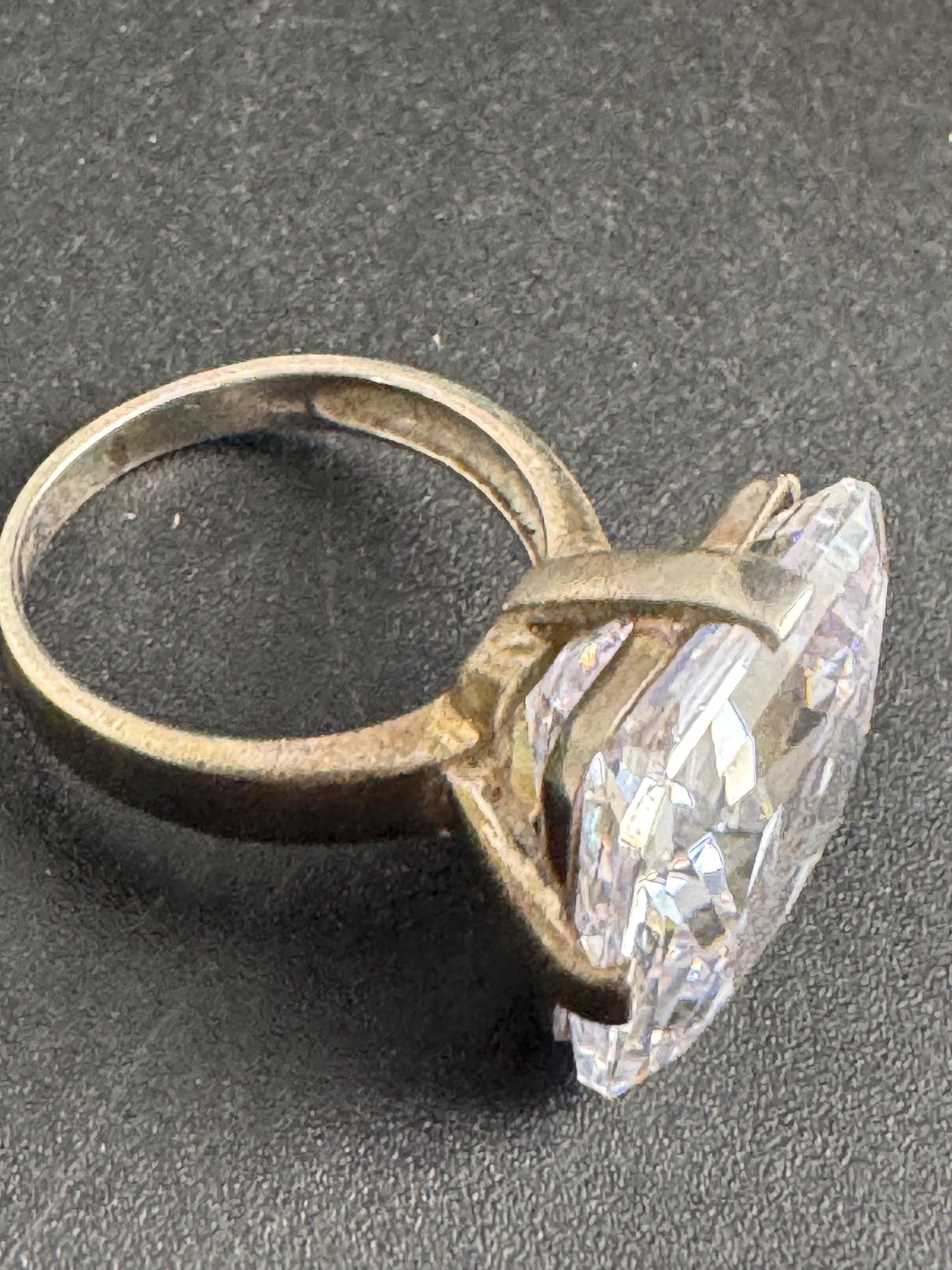large clear stone cocktail ring, size P.5 modernist 925 sterling silver, signed PK