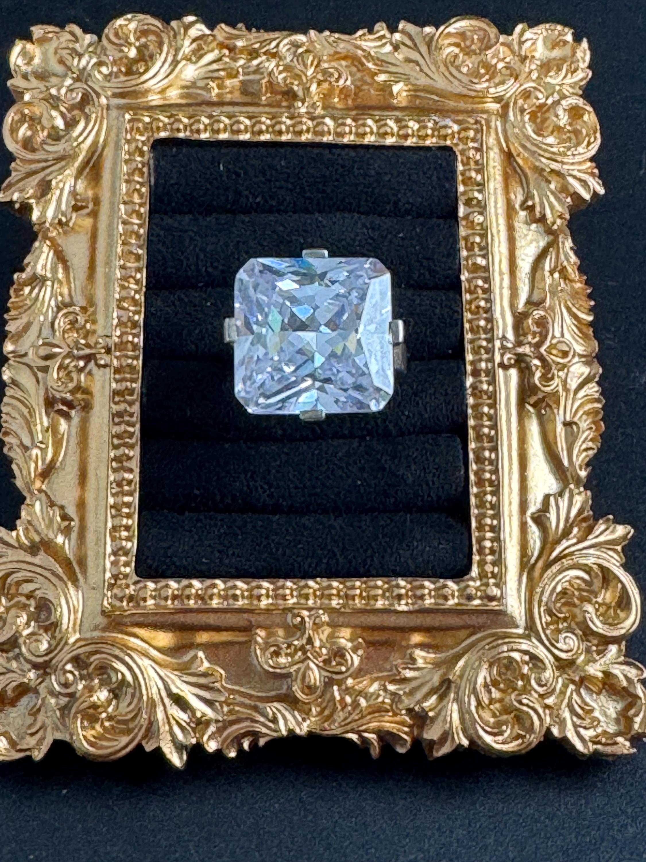 large clear stone cocktail ring, size P.5 modernist 925 sterling silver, signed PK