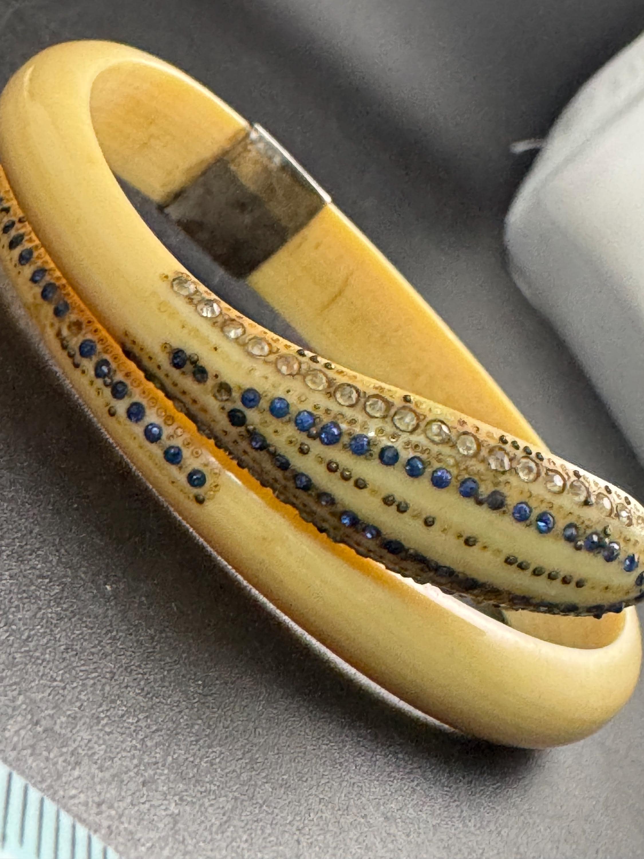Antique cream Galalith Snake Bangle: Diamante Paste, Celluloid Plastic