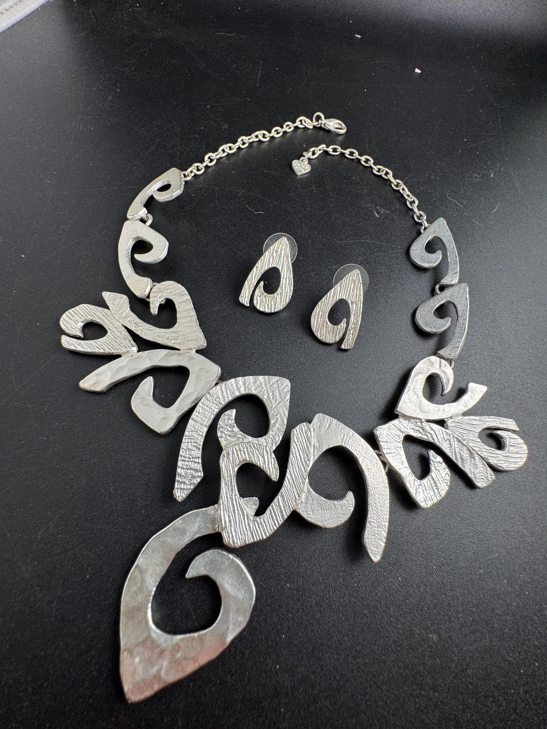 Dolce Vita Silver Tone Modernist Necklace and Earrings Set, Signed Paris Designer