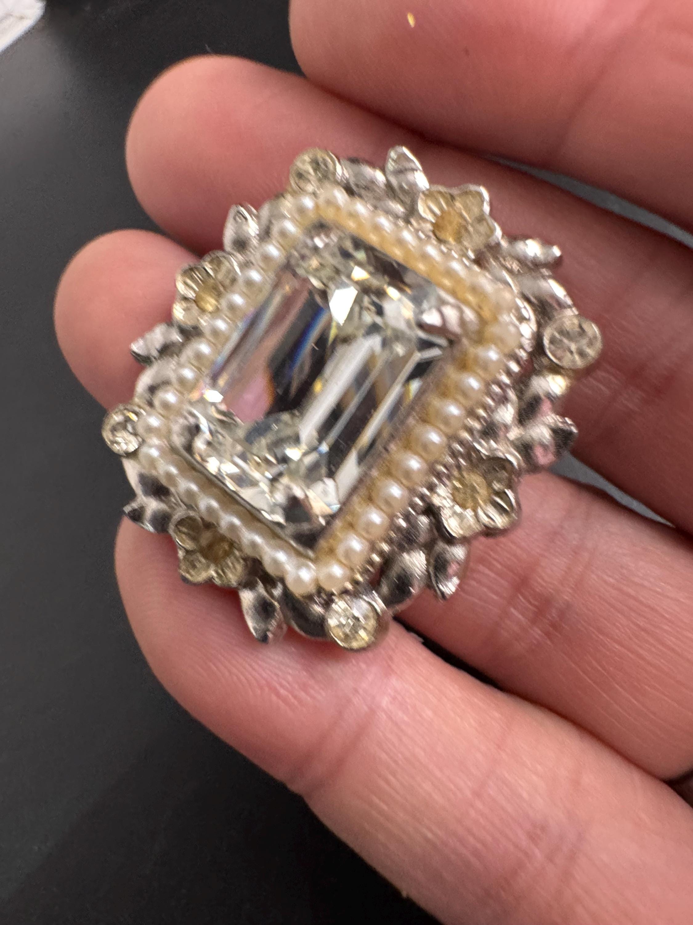 Coro Seed Pearl Rhinestone Brooch, Silver Tone Octagonal Glass Pin
