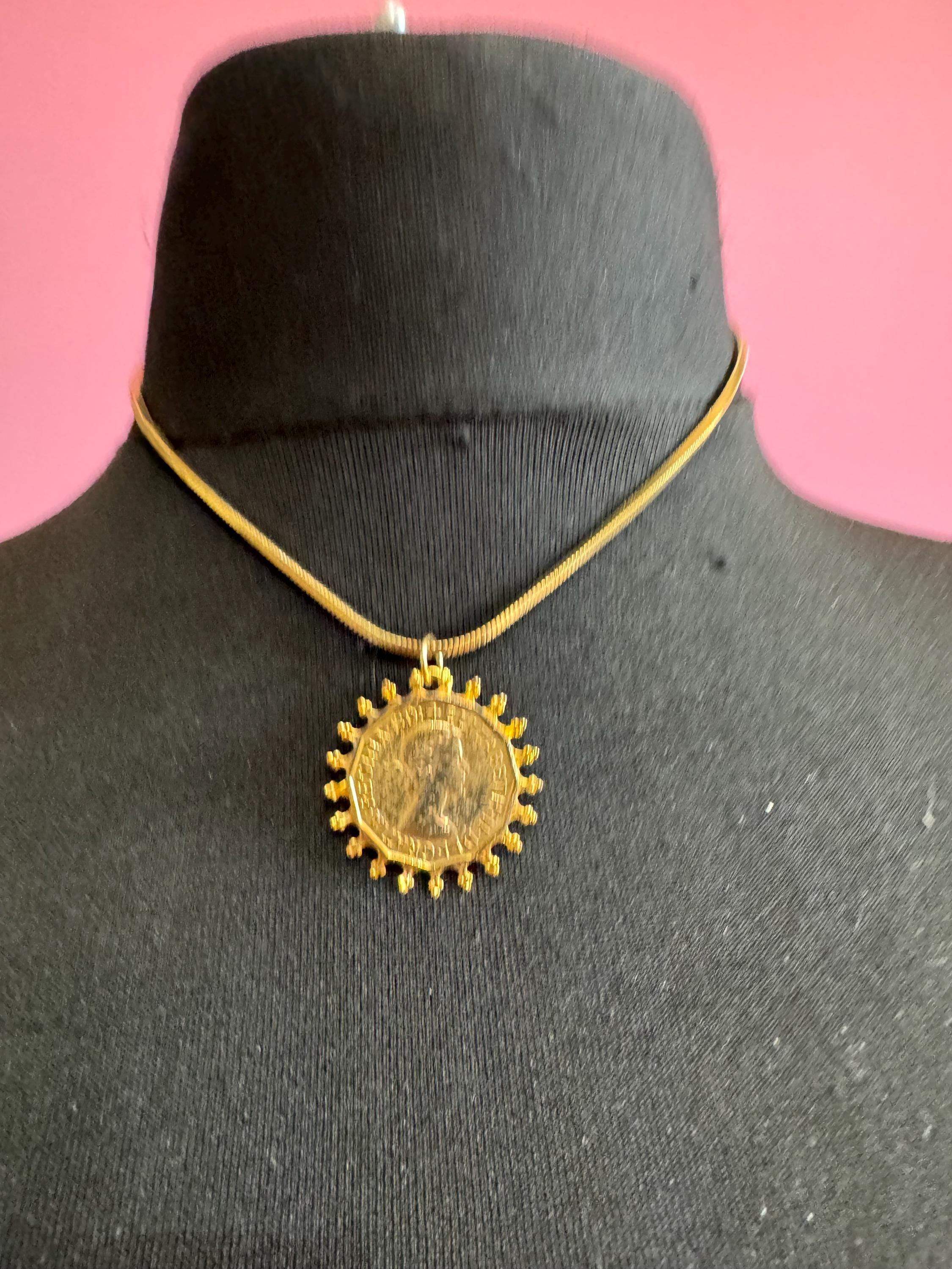 Vintage coin pendant necklace , gold tone circa 1970s