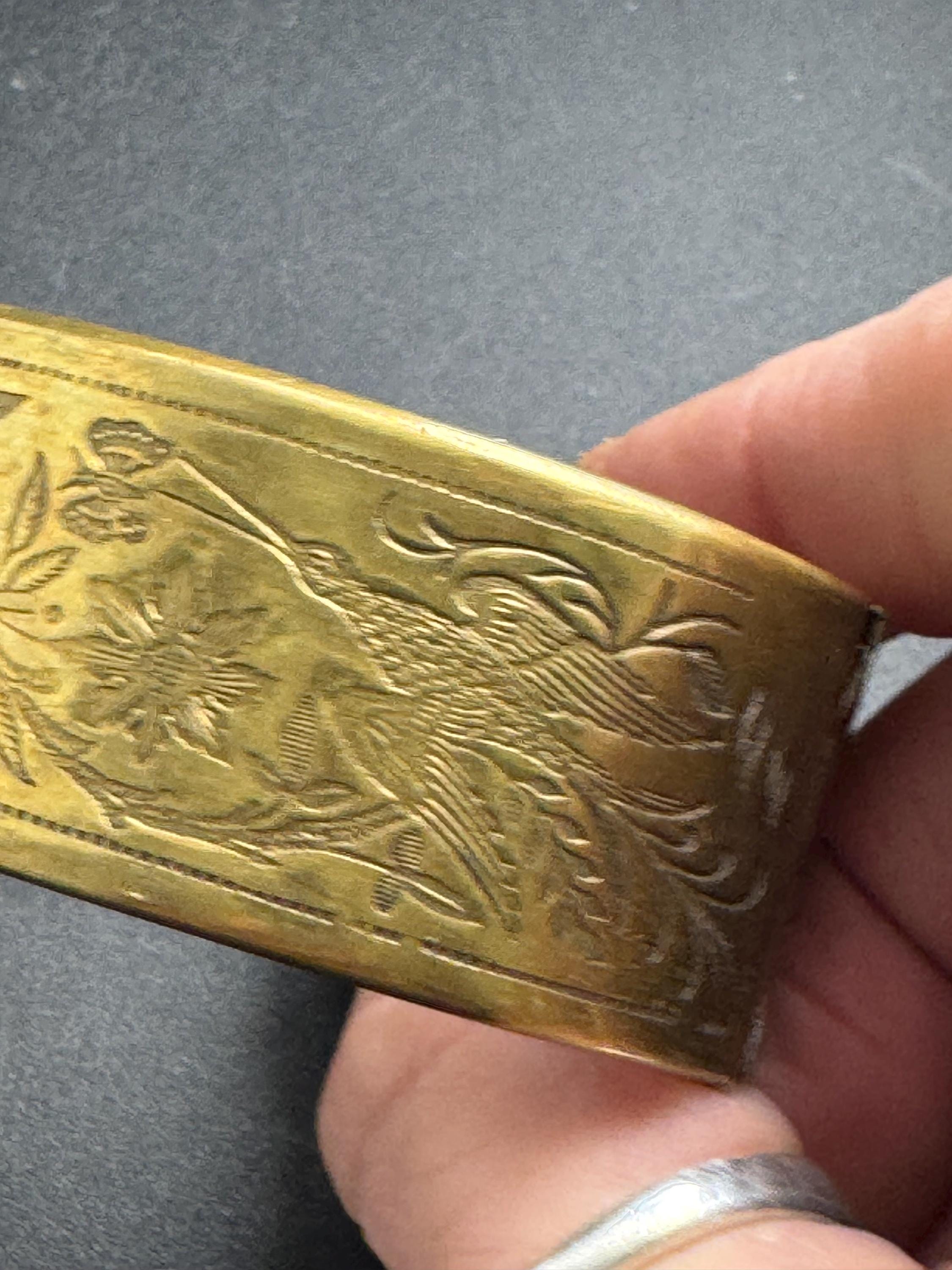 Petite fit Victorian engraved wide brass bangle : hinged bracelet gold tone