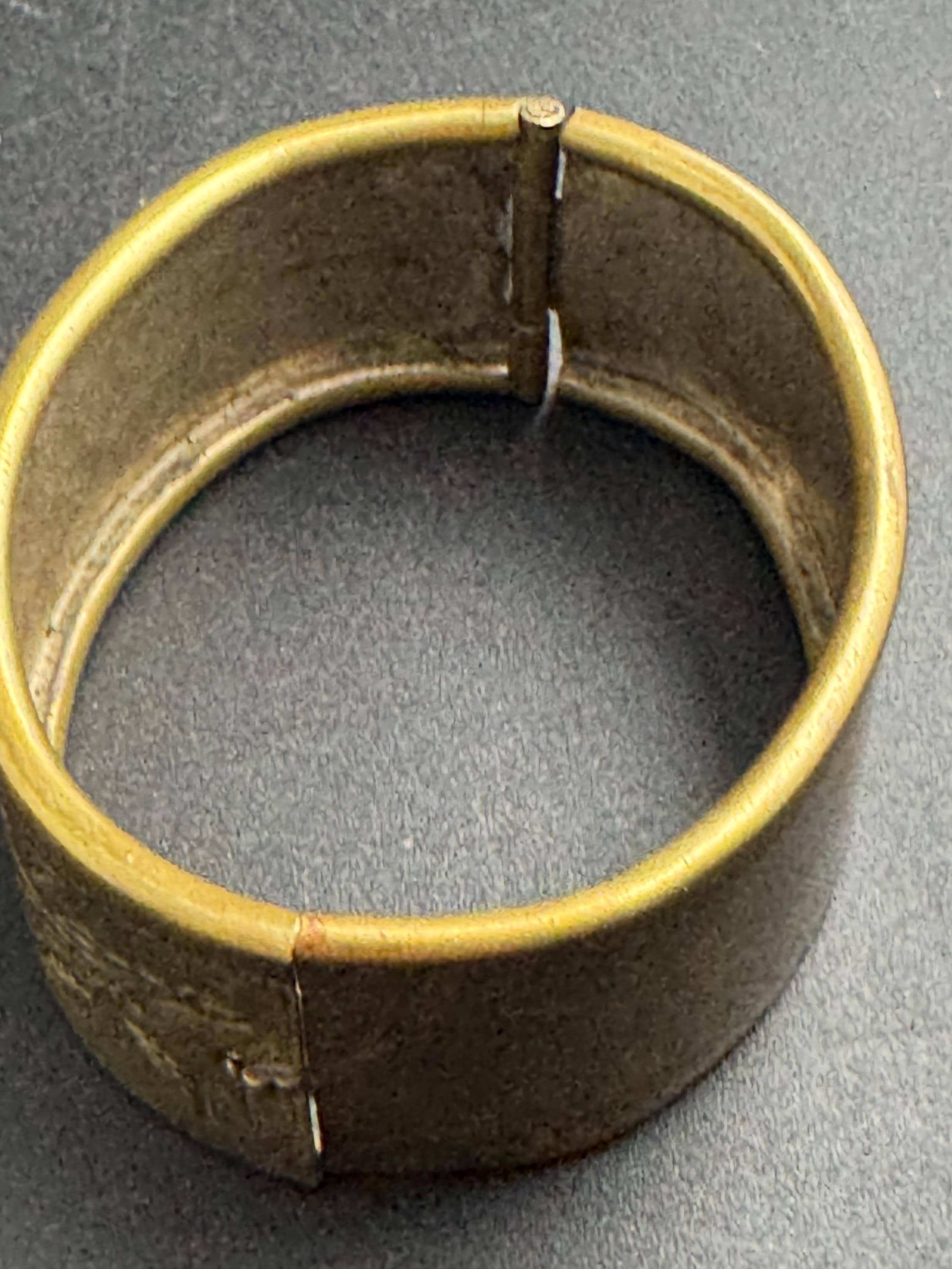 Petite fit Victorian engraved wide brass bangle : hinged bracelet gold tone