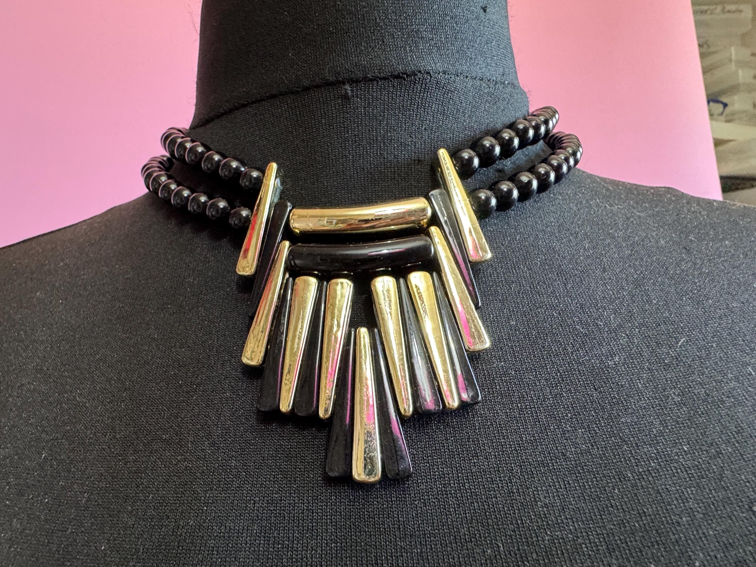 Black and gold beaded statement necklace, acrylic deco style pendant 1970s