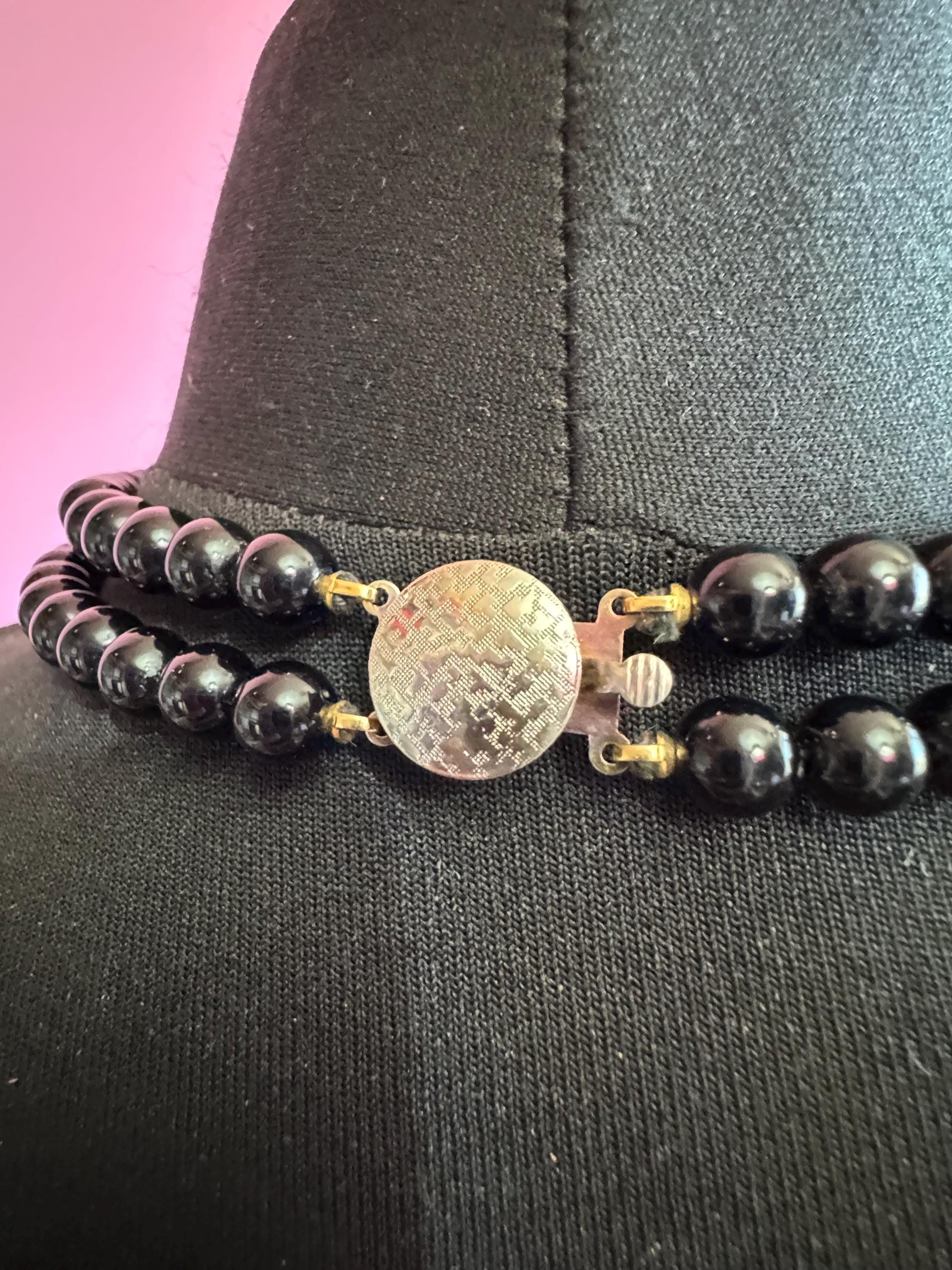 Black and gold beaded statement necklace, acrylic deco style pendant 1970s