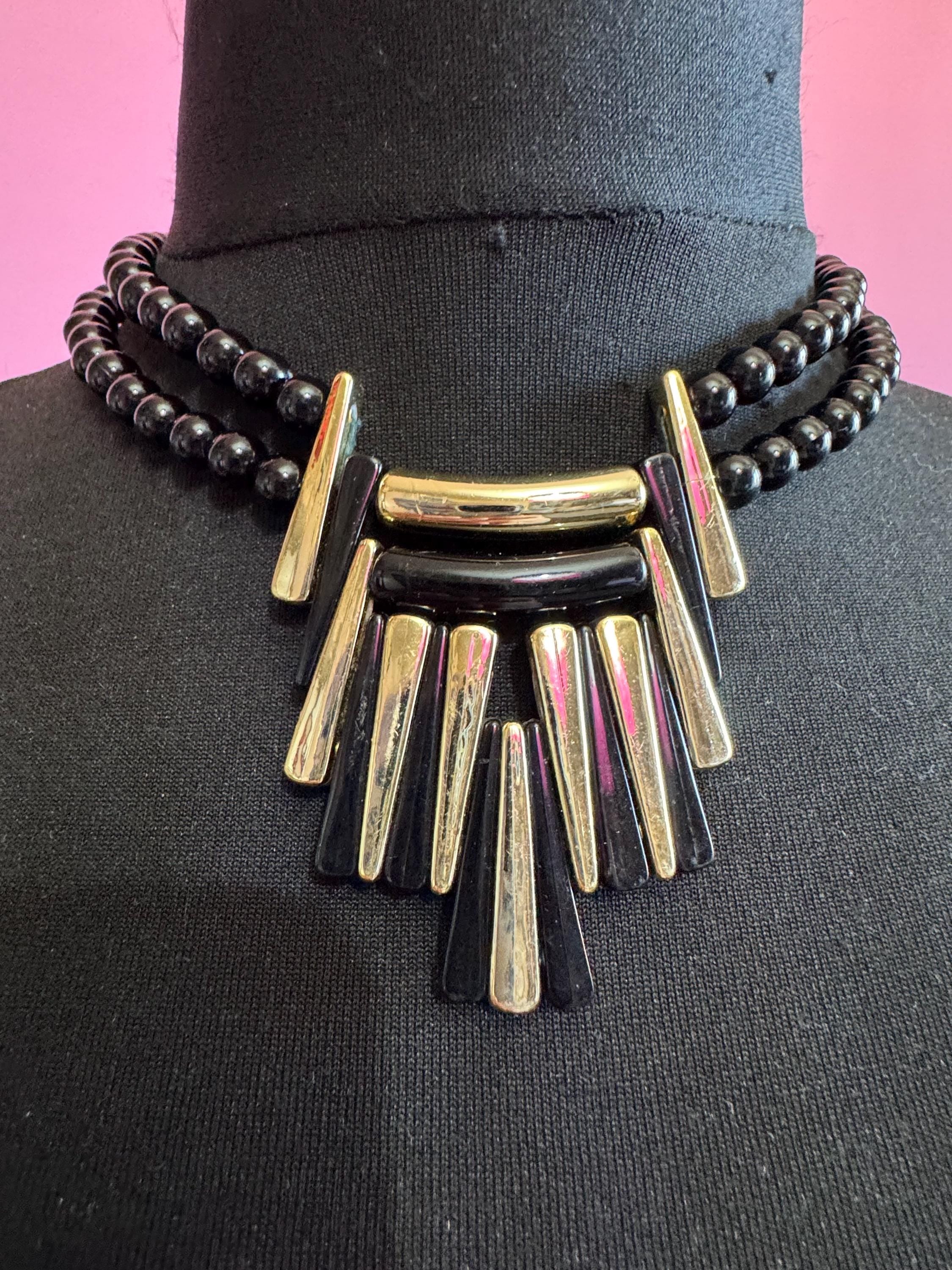 Black and gold beaded statement necklace, acrylic deco style pendant 1970s