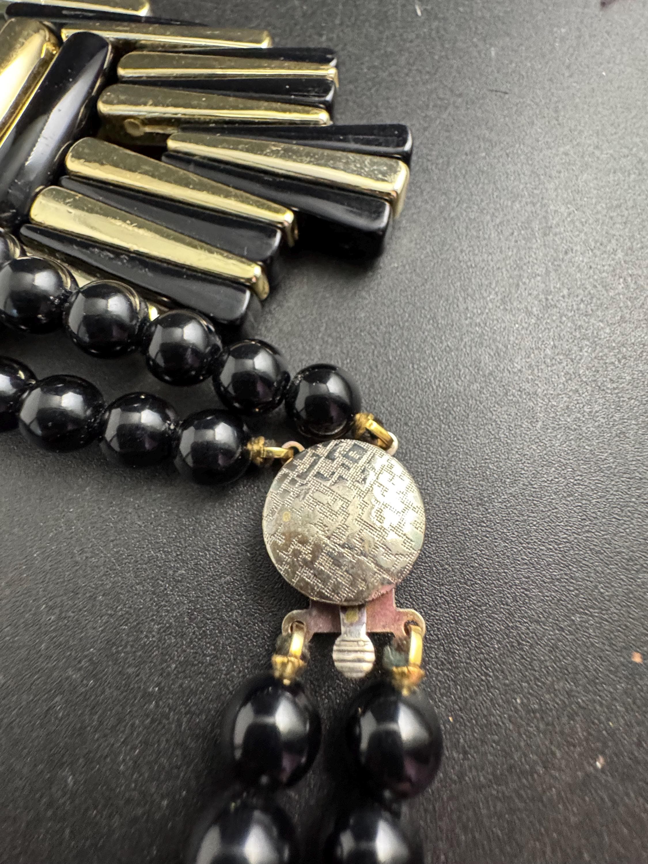 Black and gold beaded statement necklace, acrylic deco style pendant 1970s